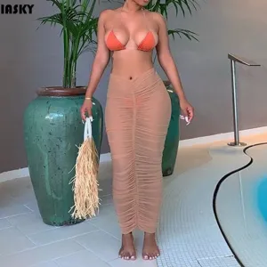 2021 New!! IASKY Summer beach cover-ups Midi skirts sexy through mesh swimwear Sizes S - L