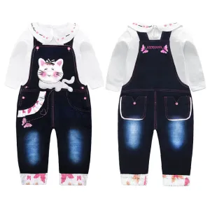 Baby Toddler 3D Cartoon Kitty Denim Overalls Set