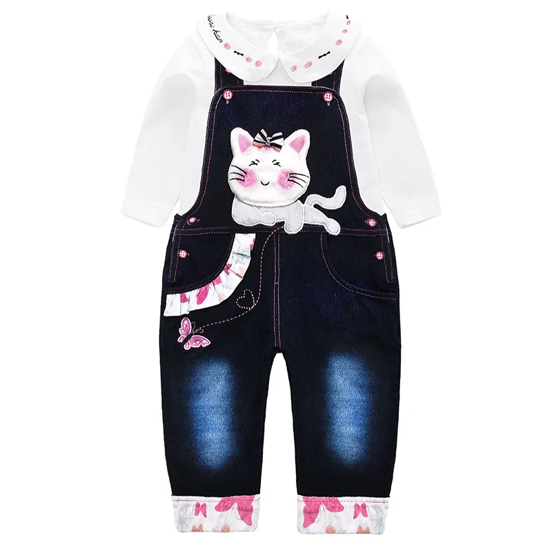 Baby Toddler 3D Cartoon Kitty Denim Overalls Set