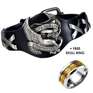 Badass Live To Ride Biker Leather Bracelet with FREE Skull Band Ring Bundle