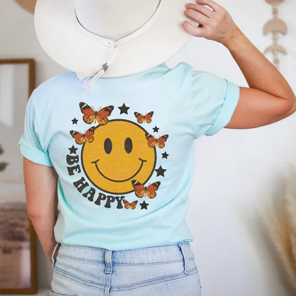 Be Happy Butterflies Short Sleeve Graphic Tee