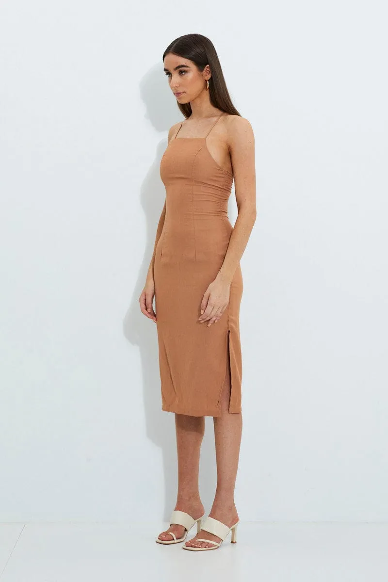 Beige Designer Linen Look Racer Neck Midi Dress