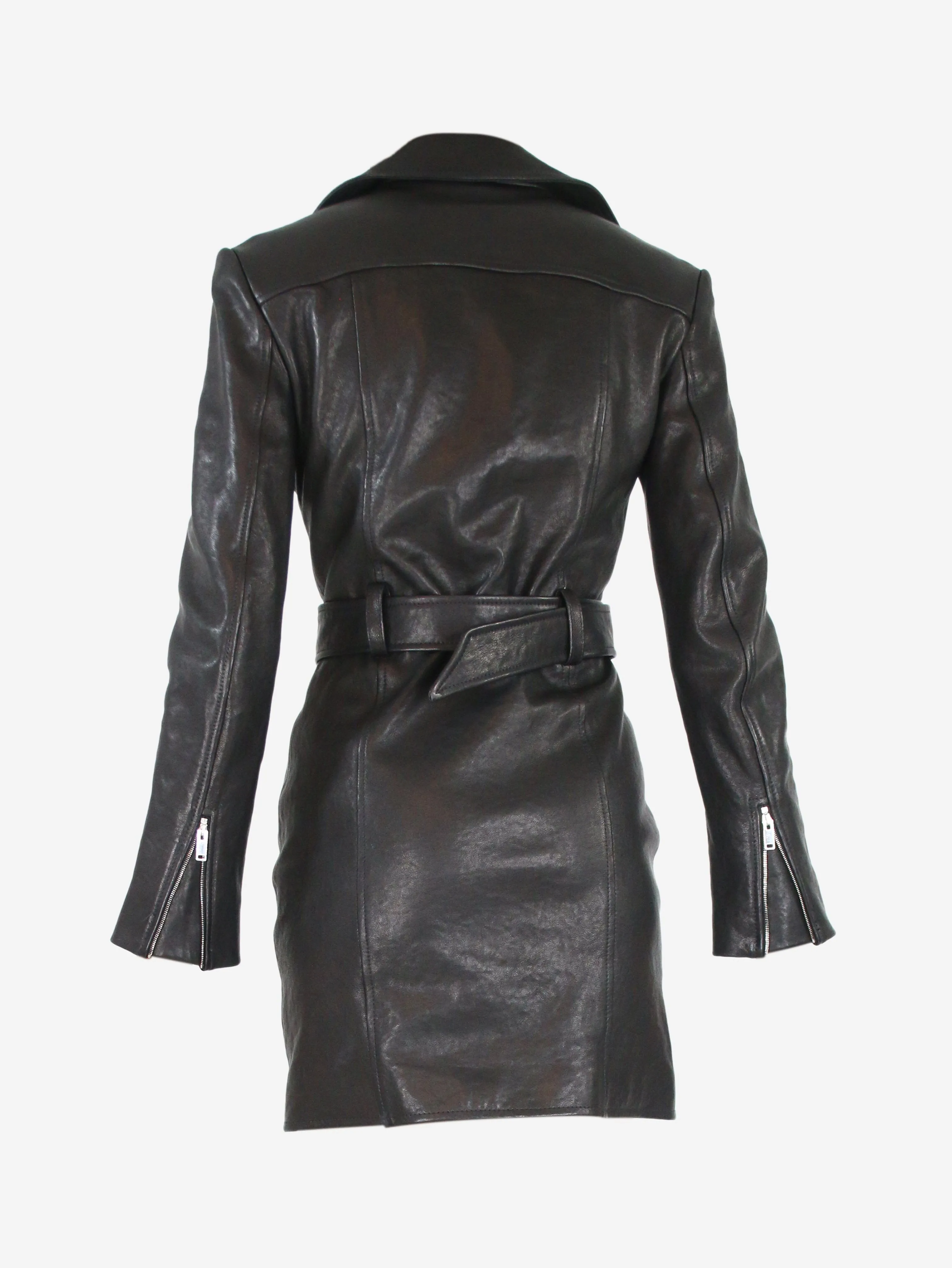 Black belted leather biker mini dress - size UK 6