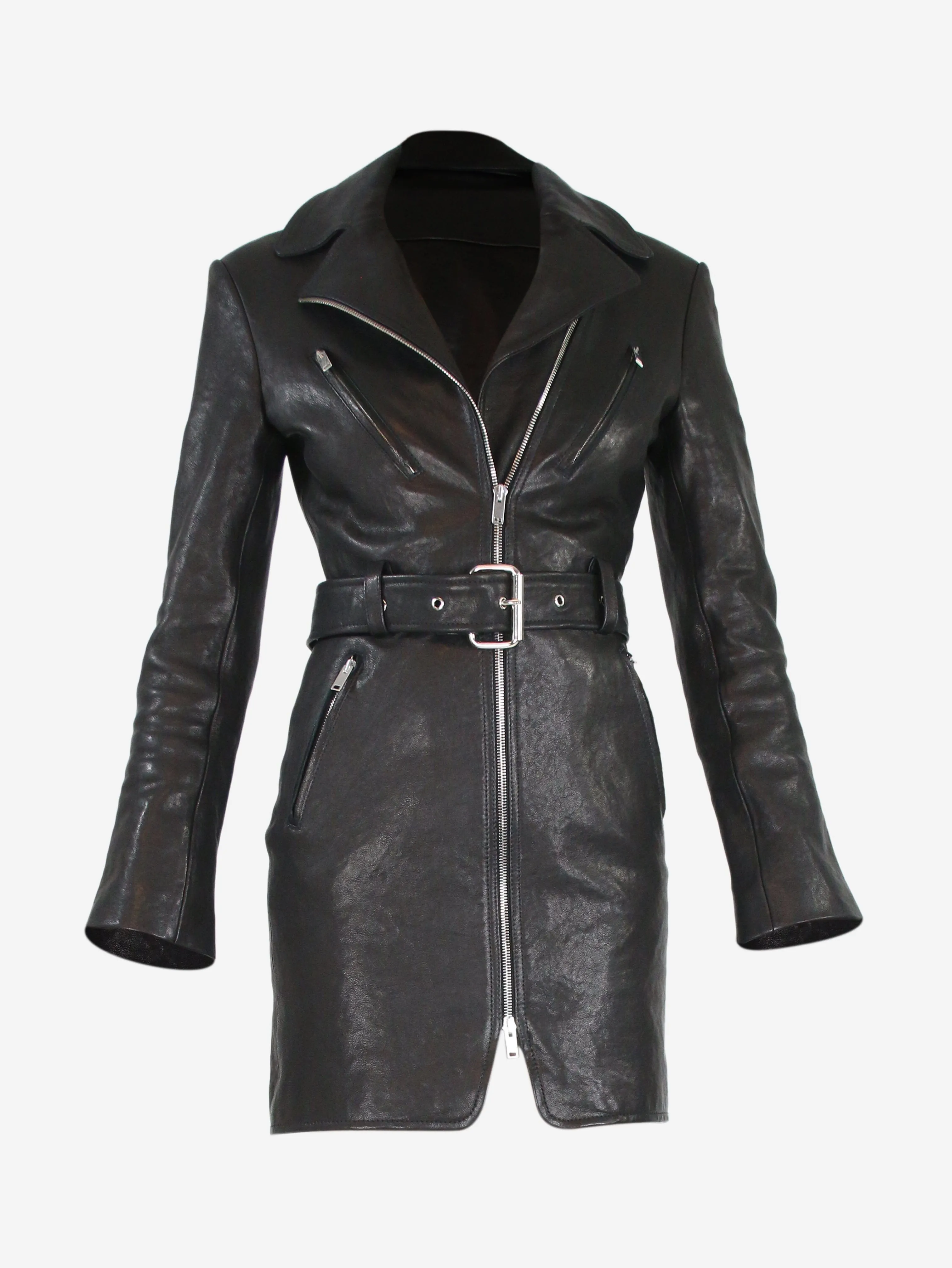 Black belted leather biker mini dress - size UK 6