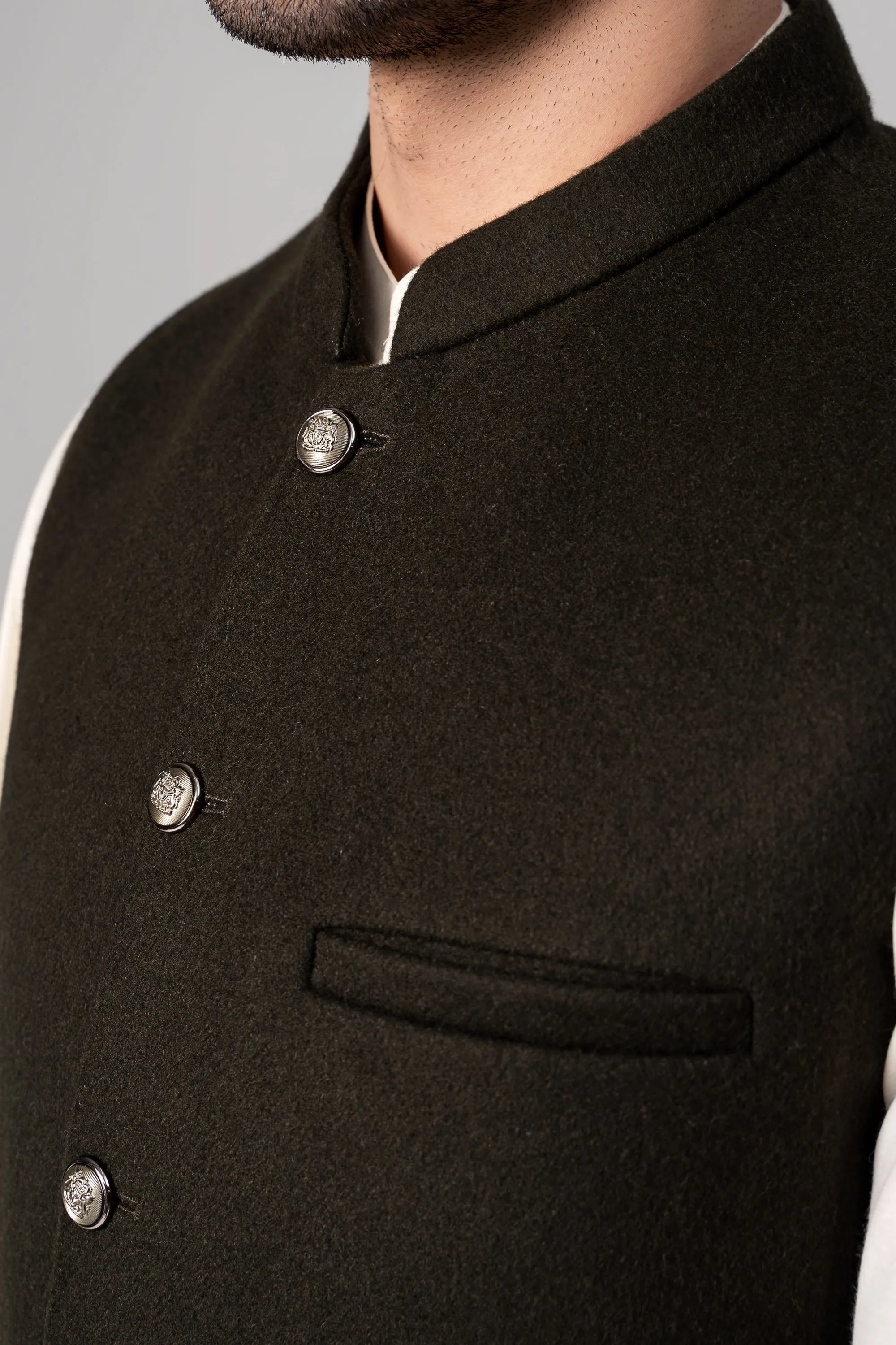 Blended Woolen Waistcoat - PREMIUM COLLECTION DARK OLIVE