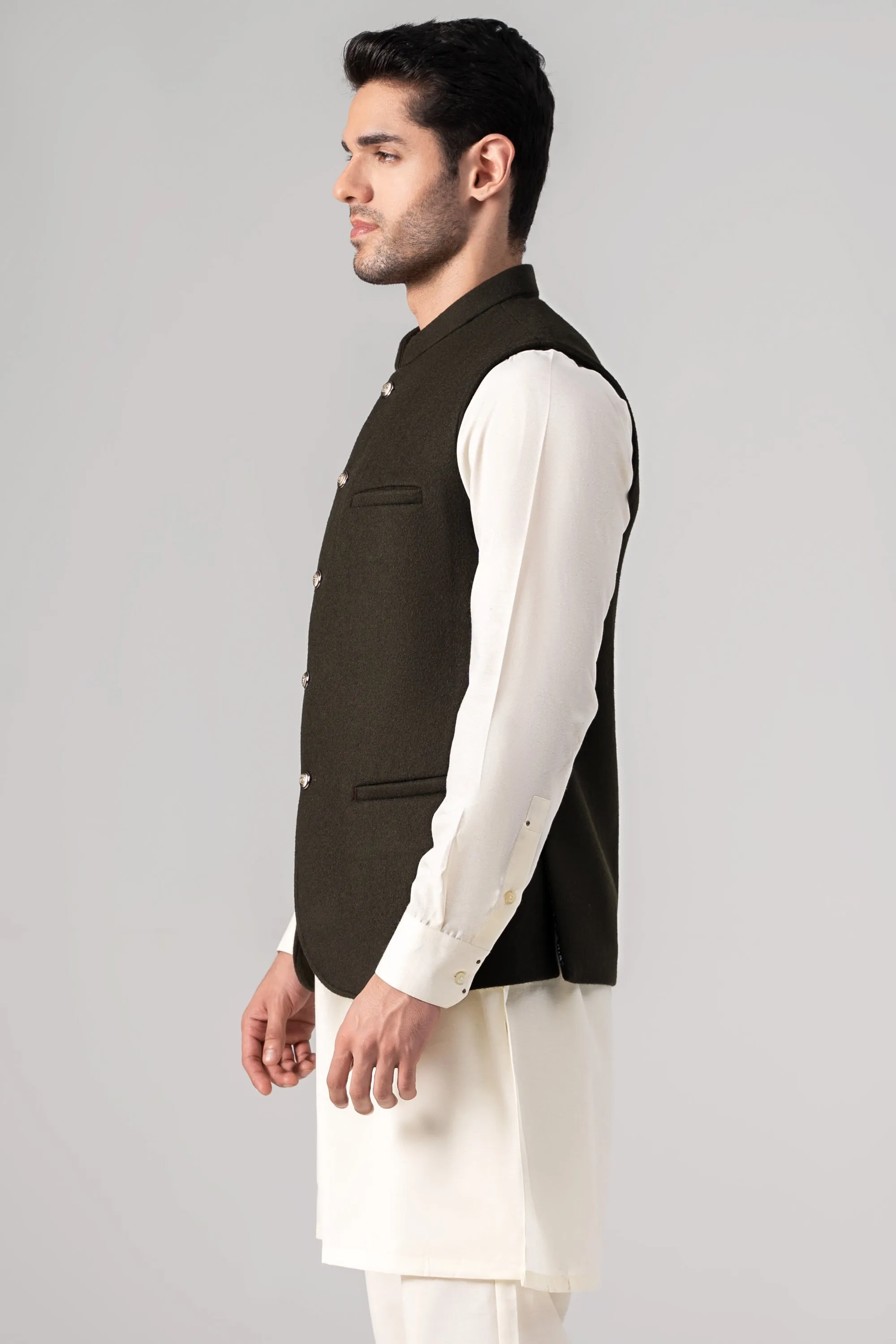 Blended Woolen Waistcoat - PREMIUM COLLECTION DARK OLIVE