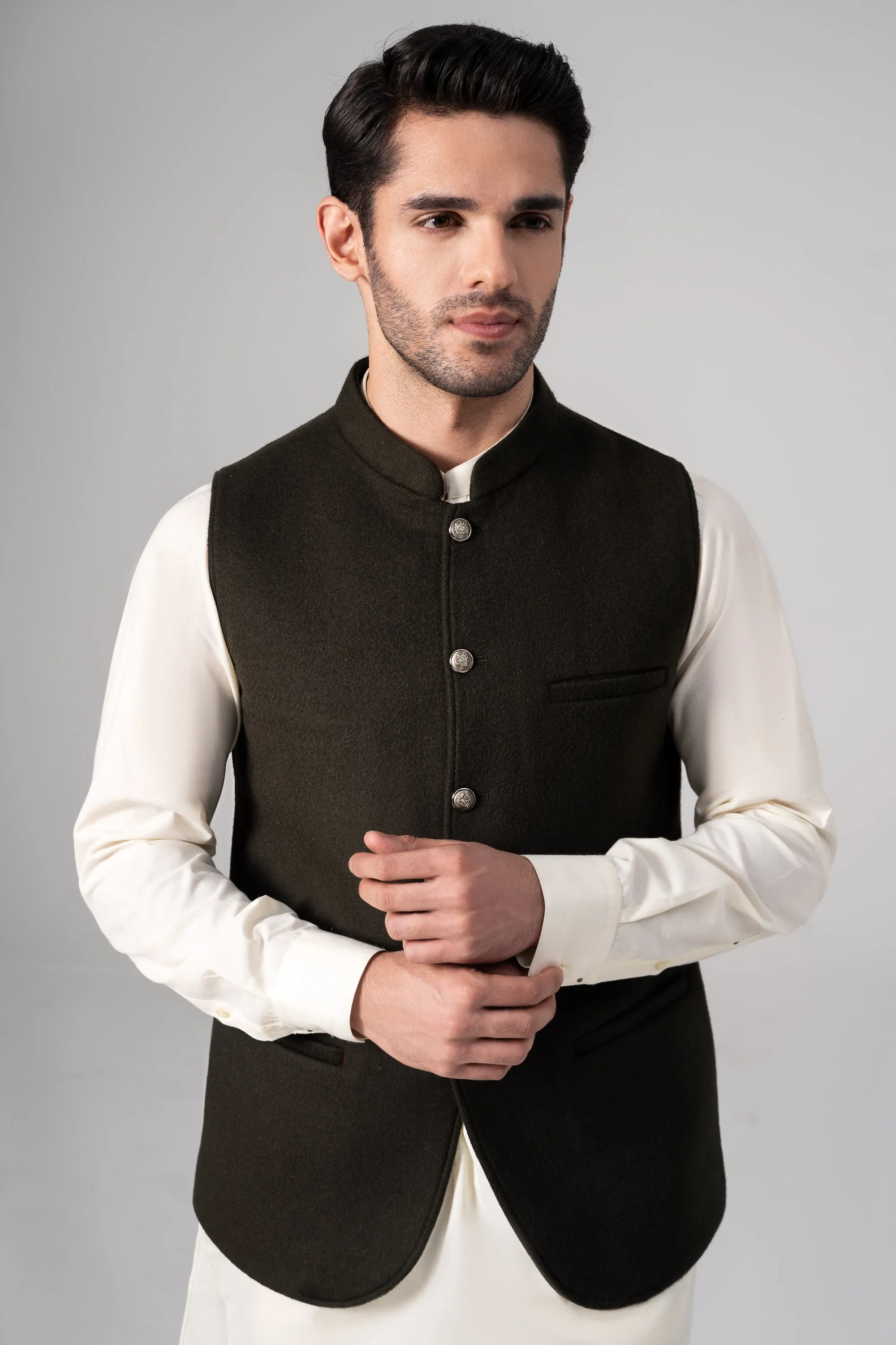 Blended Woolen Waistcoat - PREMIUM COLLECTION DARK OLIVE