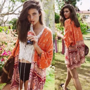 Boho Kimono "Sugar" Orange And Burgundy Red Crescent Moon India Print Sizes Small Medium Or Large