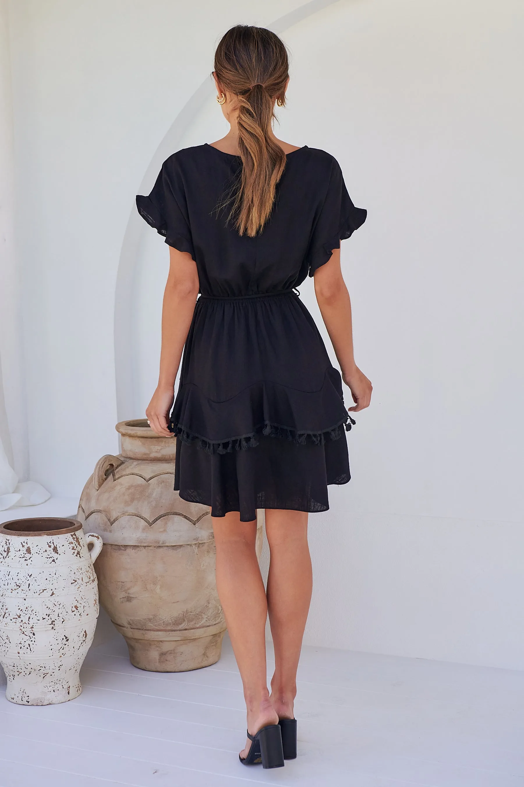 Brooklyn Frill Sleeve Black Linen Dress