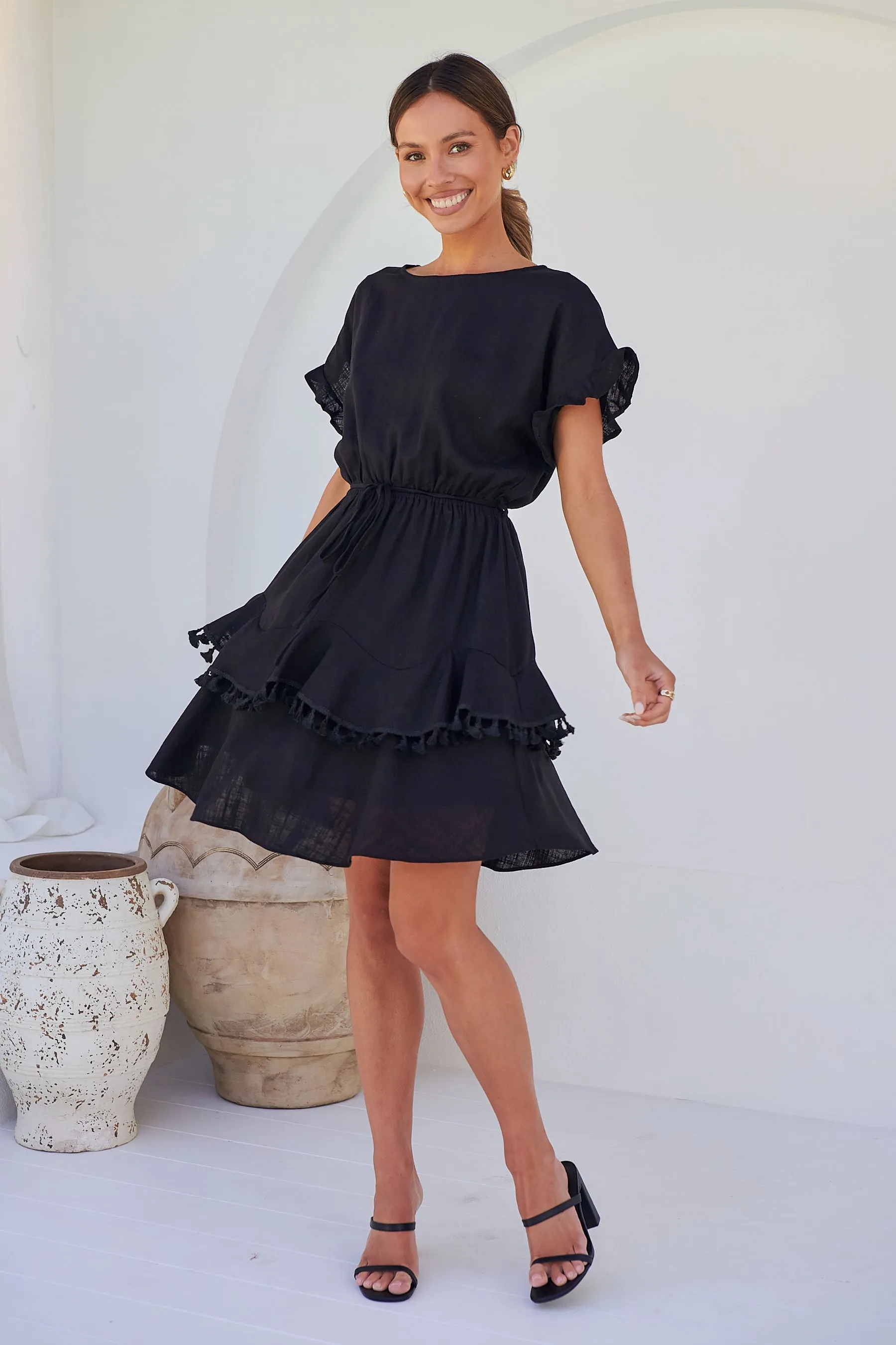 Brooklyn Frill Sleeve Black Linen Dress