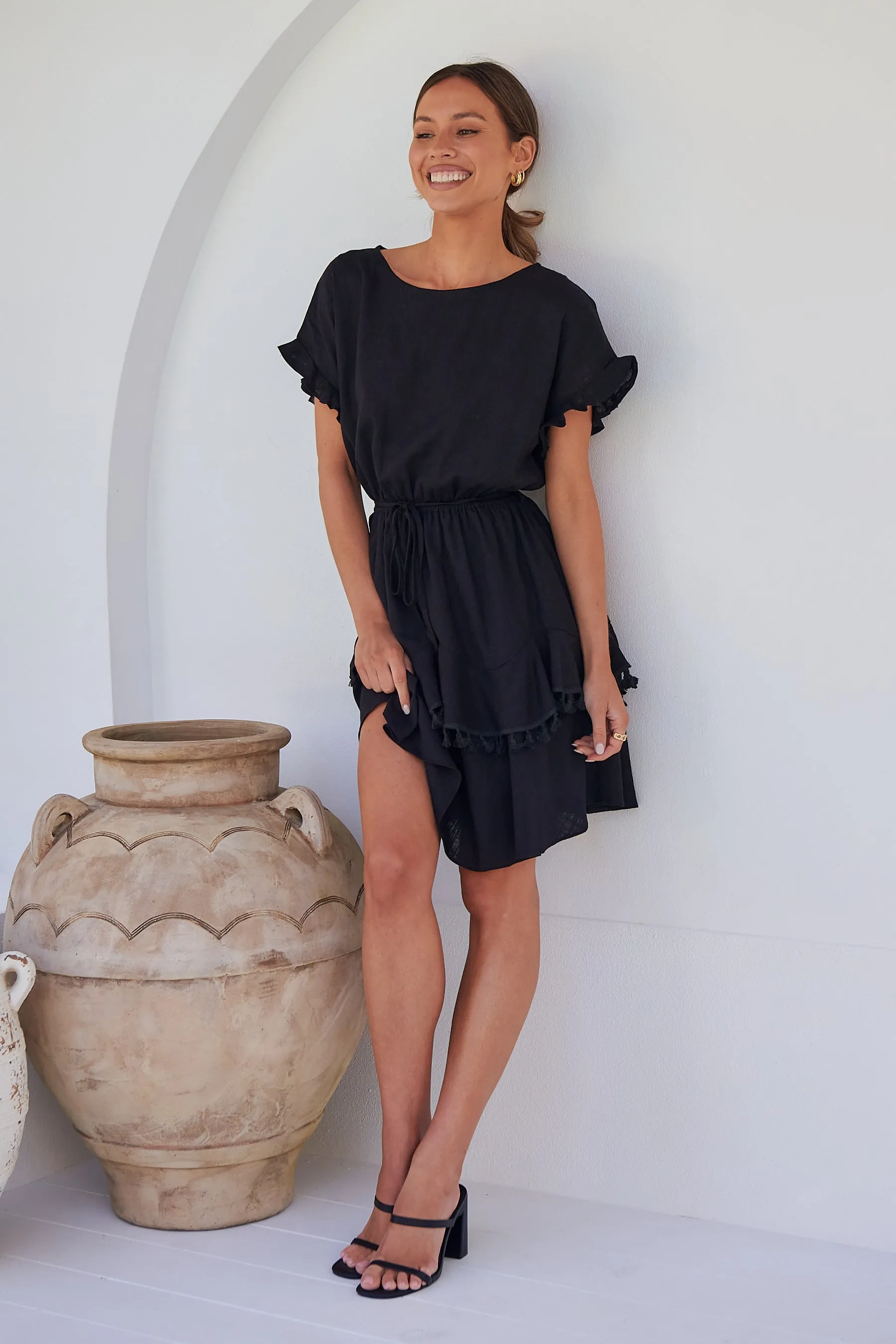 Brooklyn Frill Sleeve Black Linen Dress