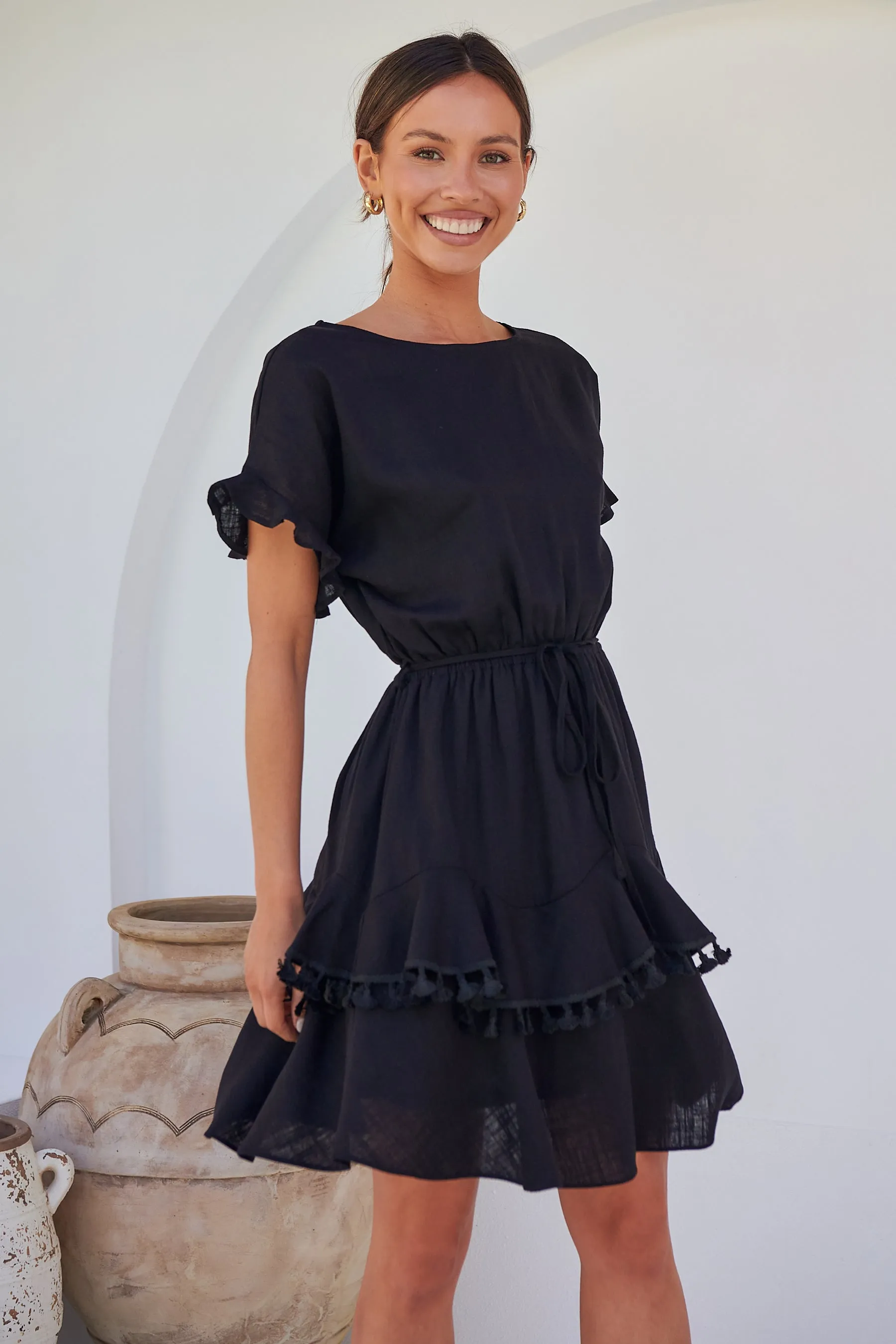 Brooklyn Frill Sleeve Black Linen Dress