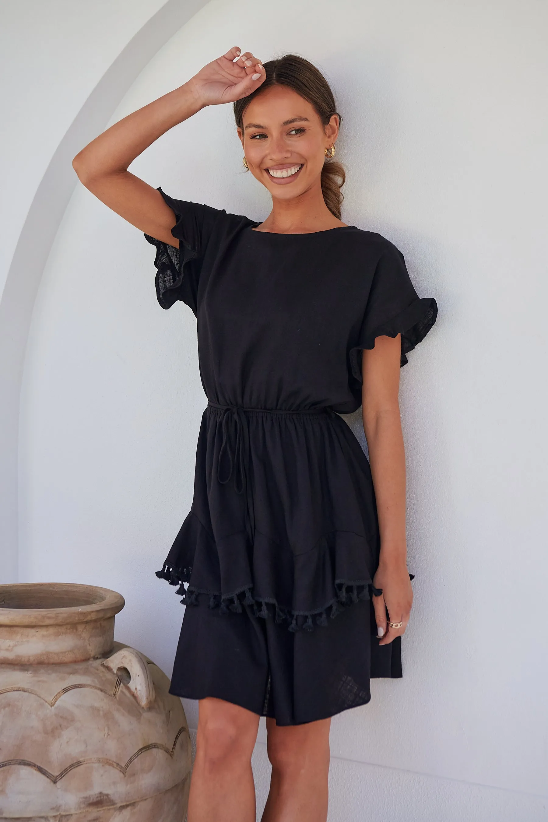 Brooklyn Frill Sleeve Black Linen Dress