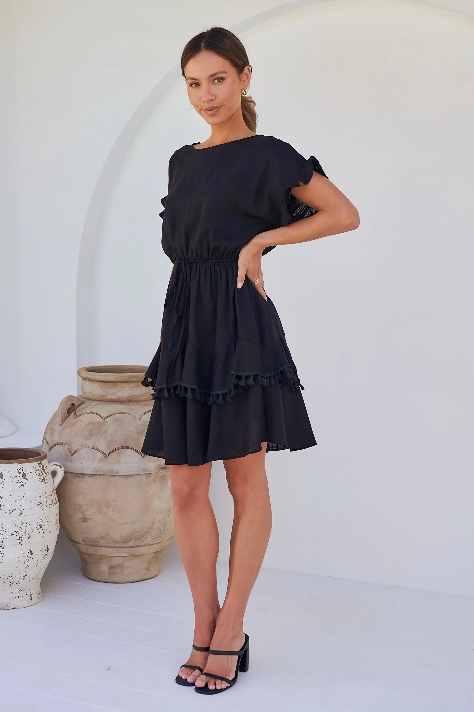 Brooklyn Frill Sleeve Black Linen Dress