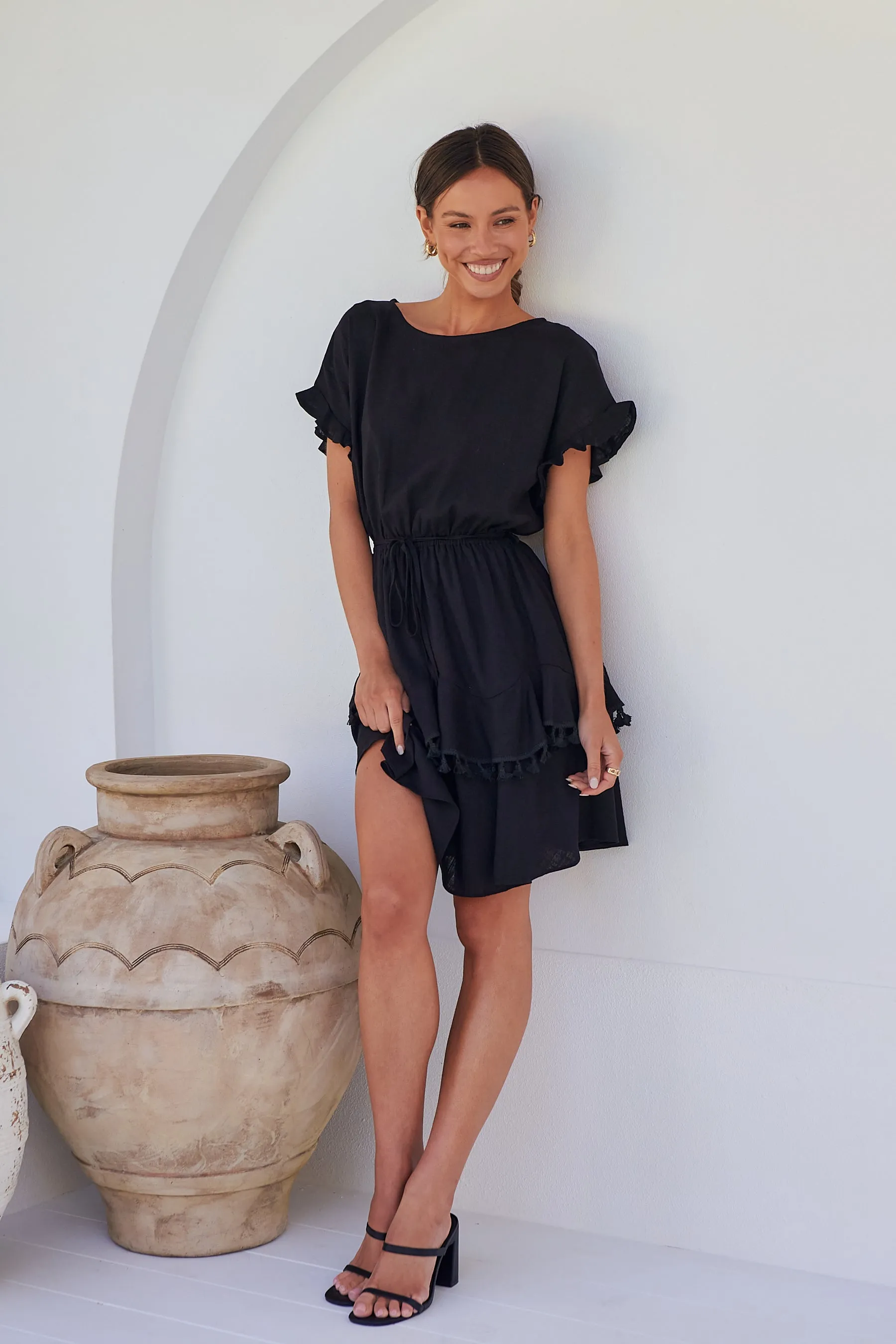 Brooklyn Frill Sleeve Black Linen Dress