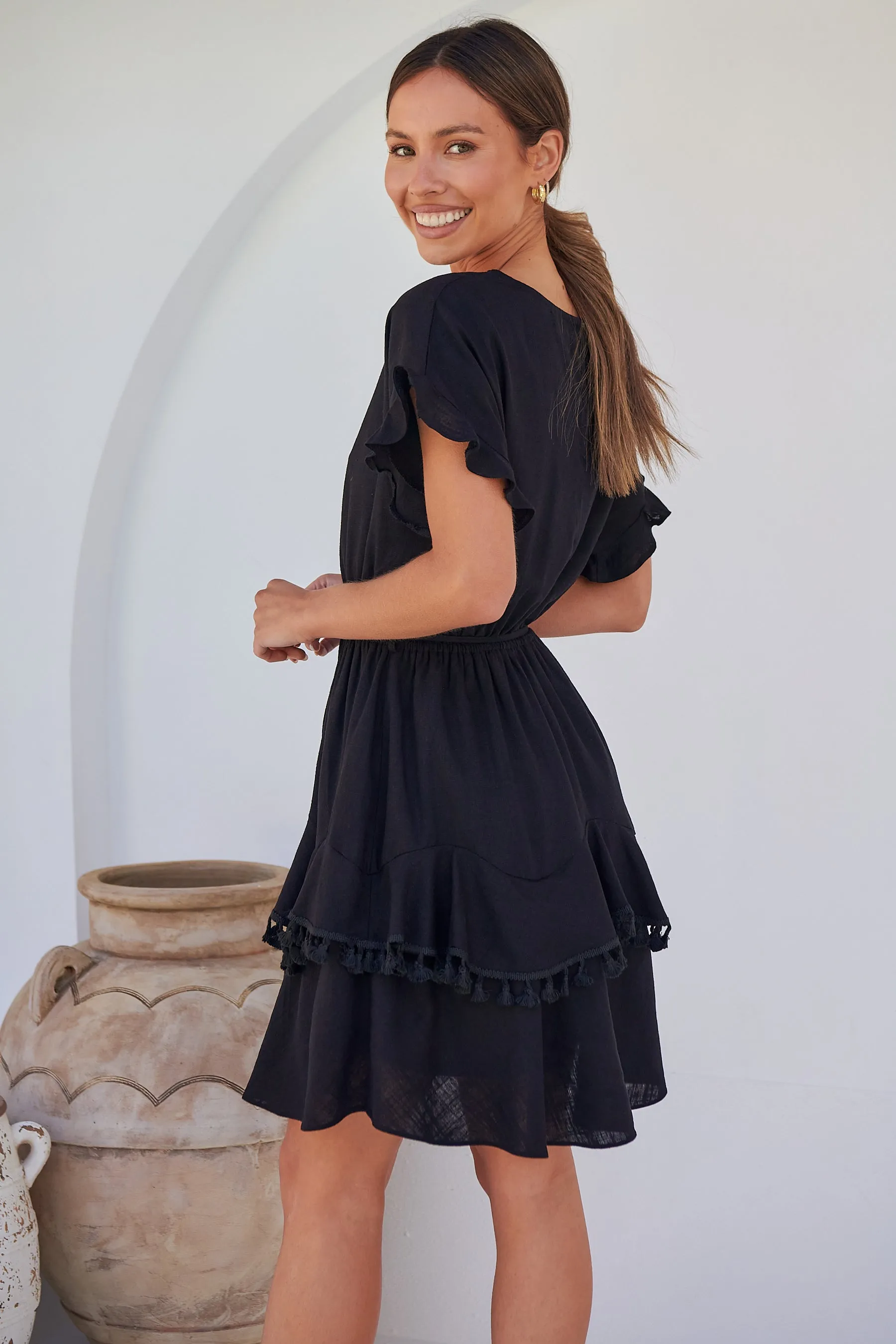 Brooklyn Frill Sleeve Black Linen Dress