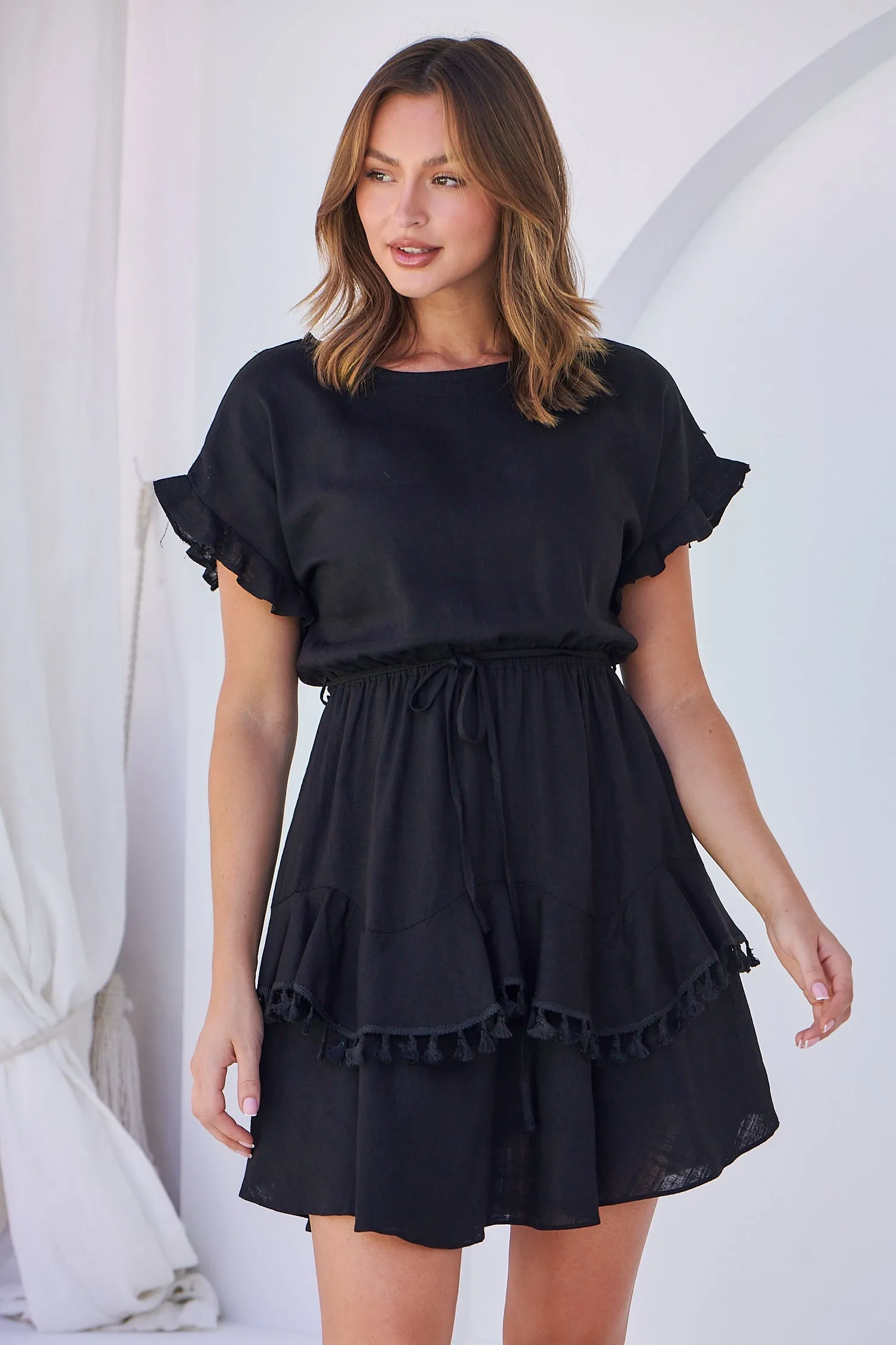 Brooklyn Frill Sleeve Black Linen Dress