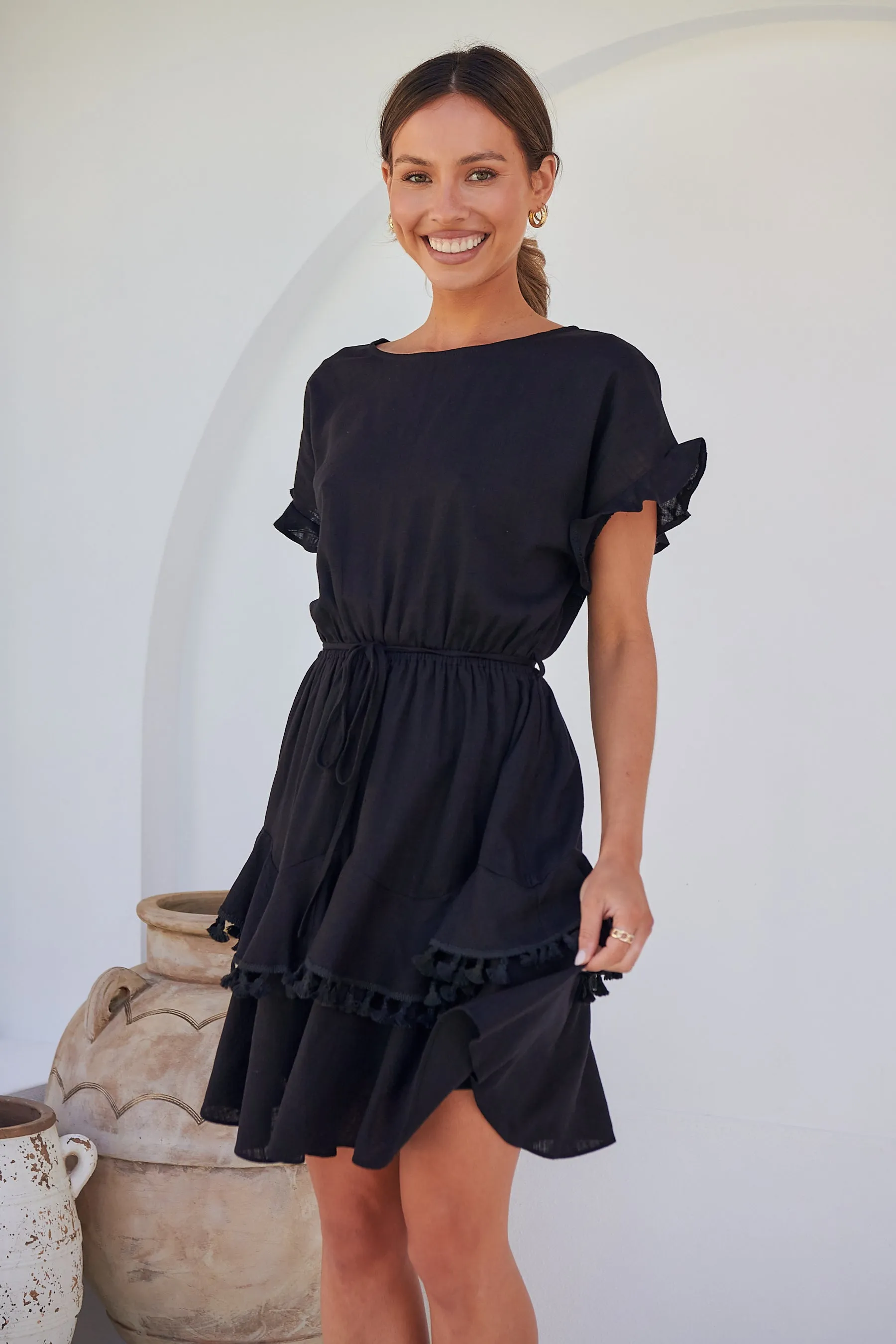 Brooklyn Frill Sleeve Black Linen Dress