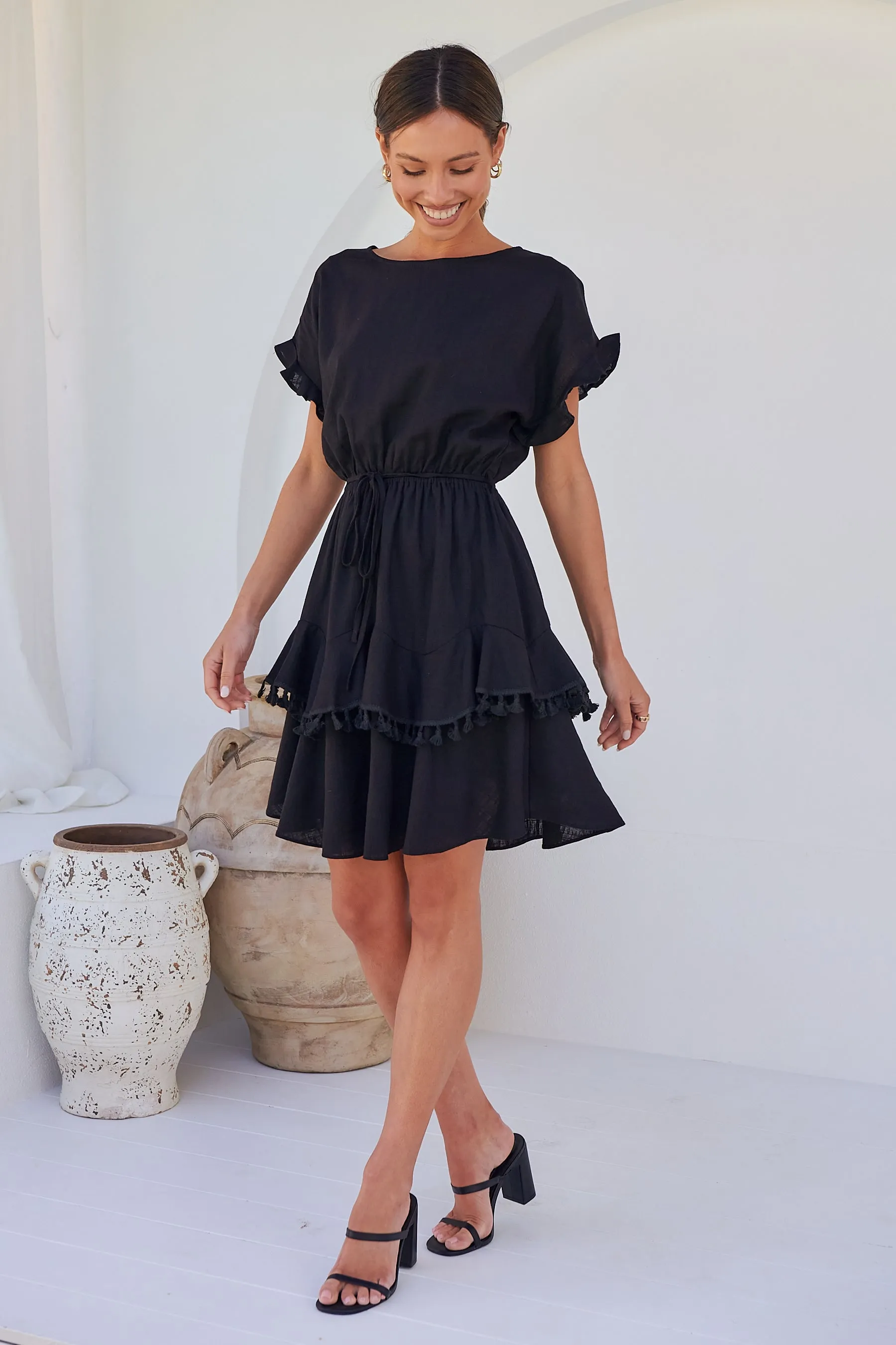 Brooklyn Frill Sleeve Black Linen Dress