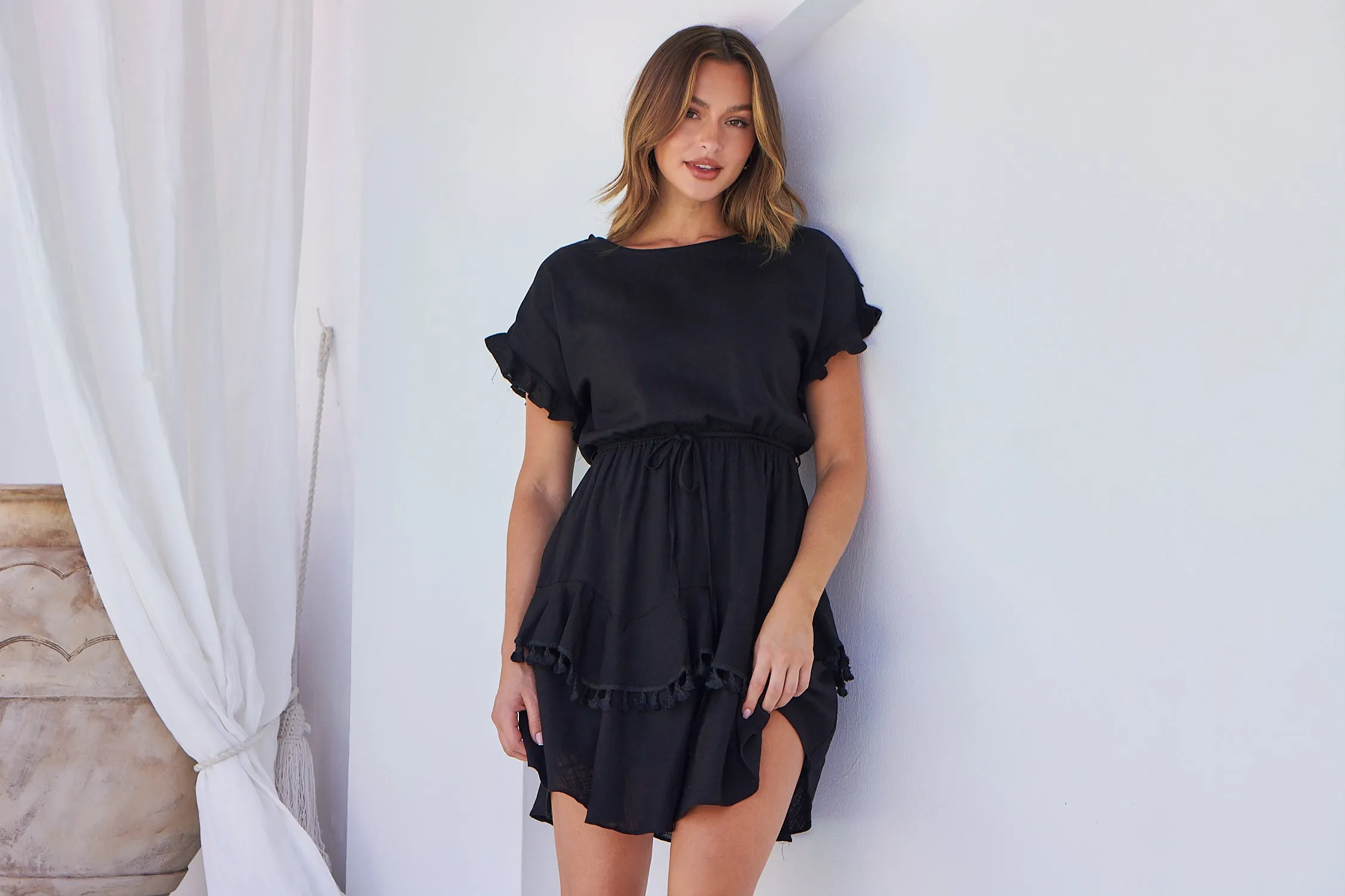 Brooklyn Frill Sleeve Black Linen Dress