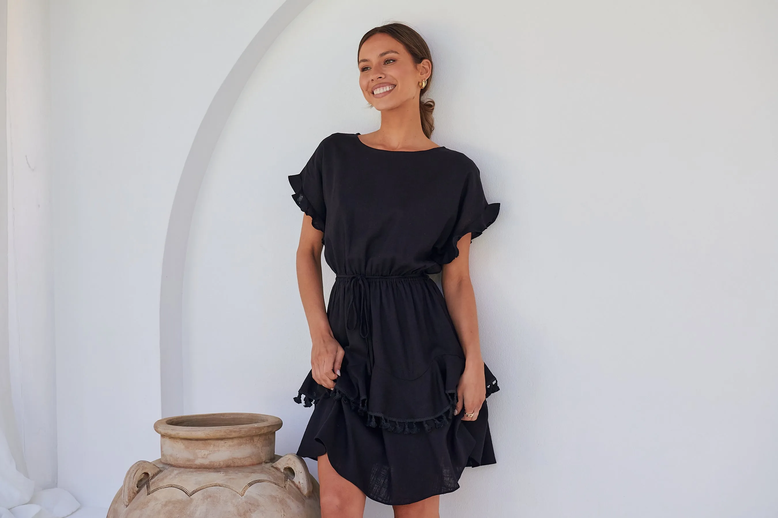 Brooklyn Frill Sleeve Black Linen Dress