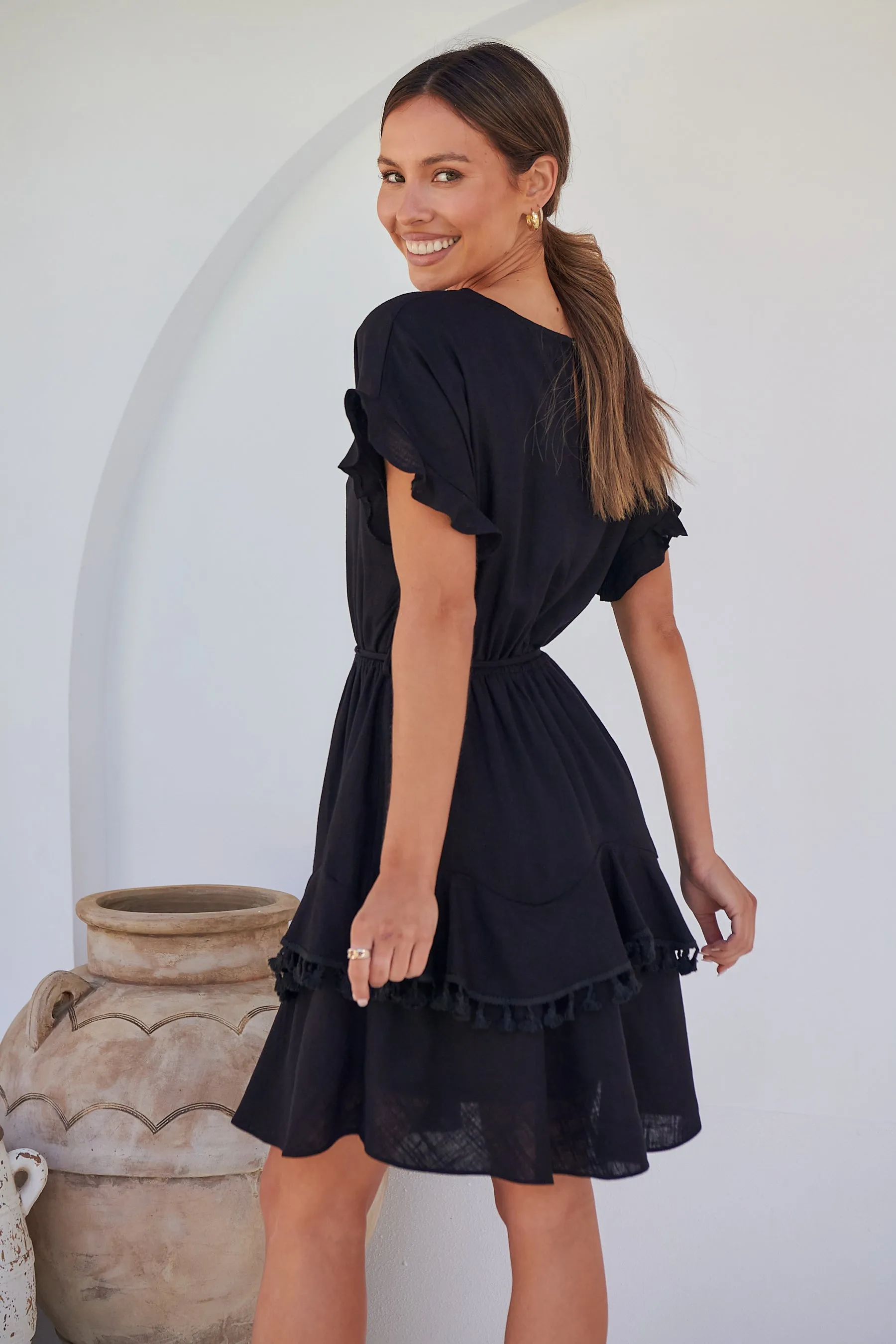 Brooklyn Frill Sleeve Black Linen Dress