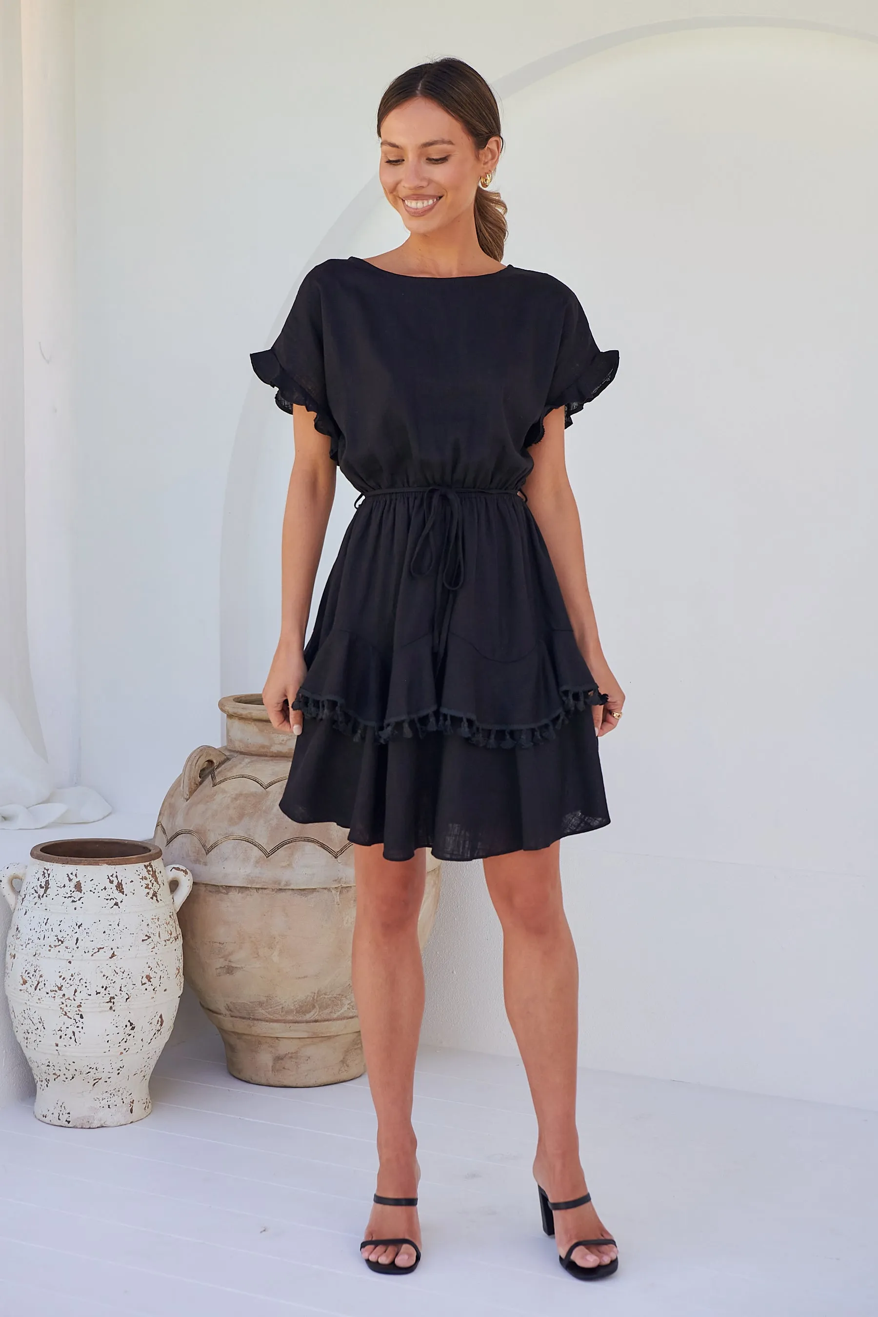 Brooklyn Frill Sleeve Black Linen Dress