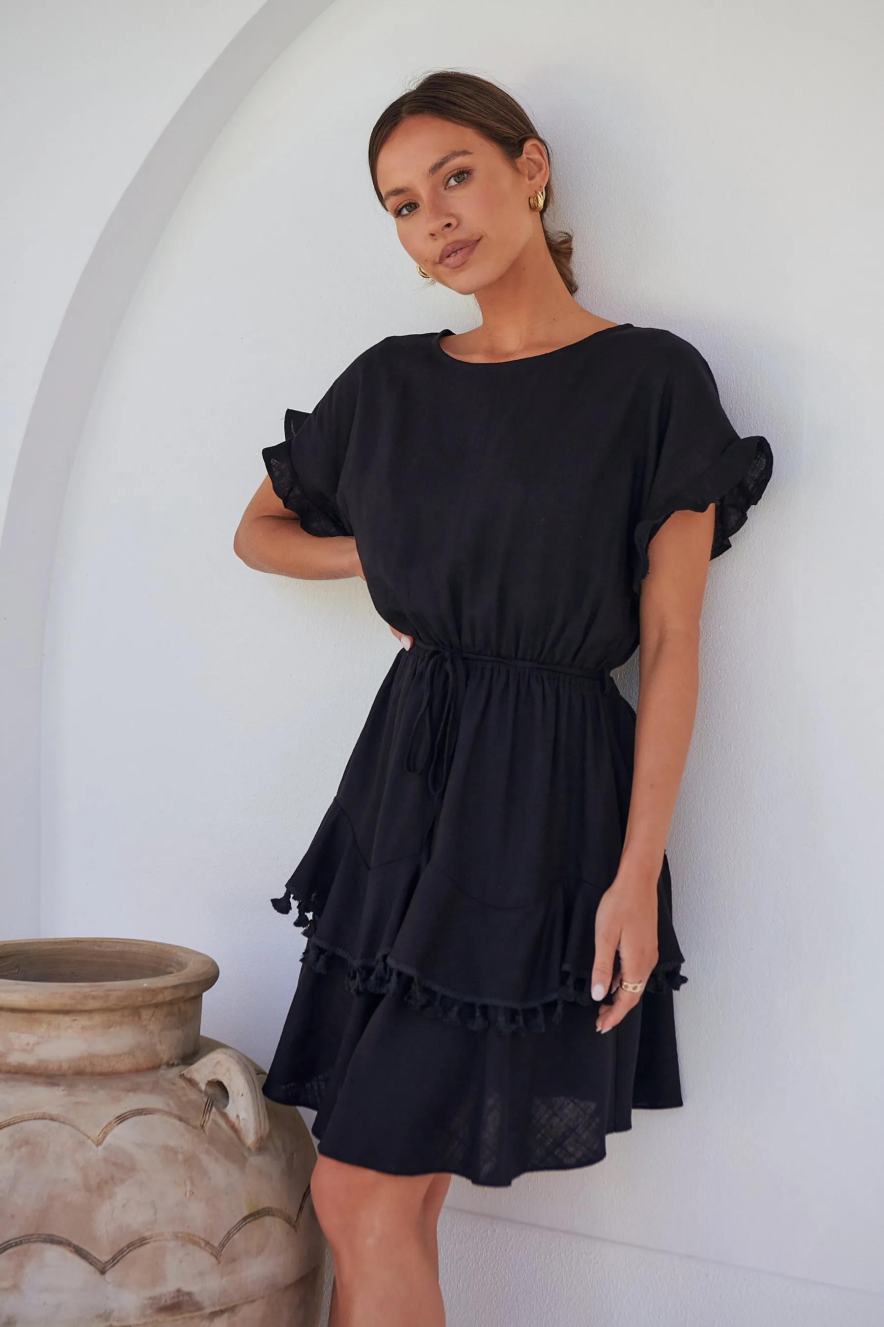 Brooklyn Frill Sleeve Black Linen Dress