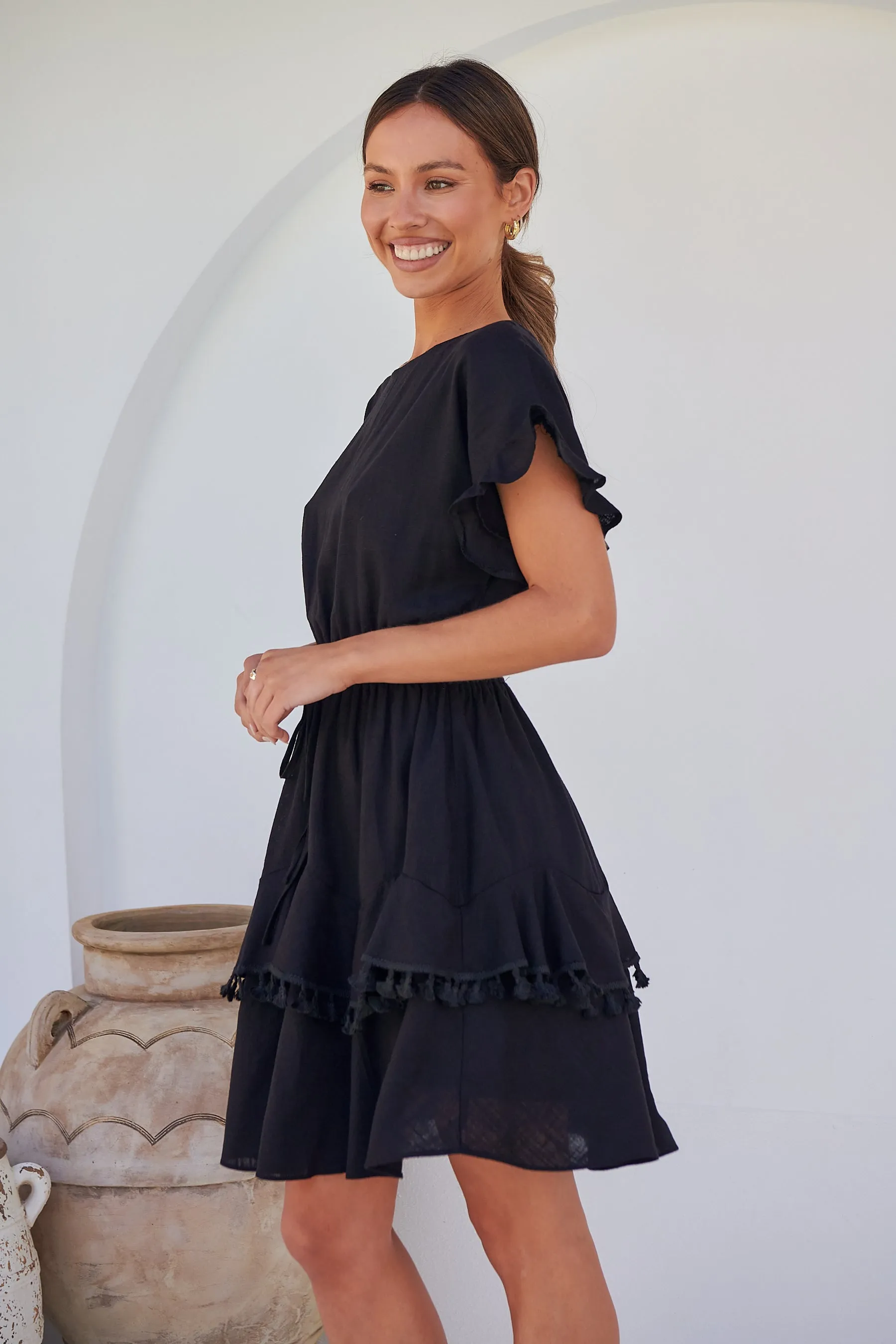 Brooklyn Frill Sleeve Black Linen Dress