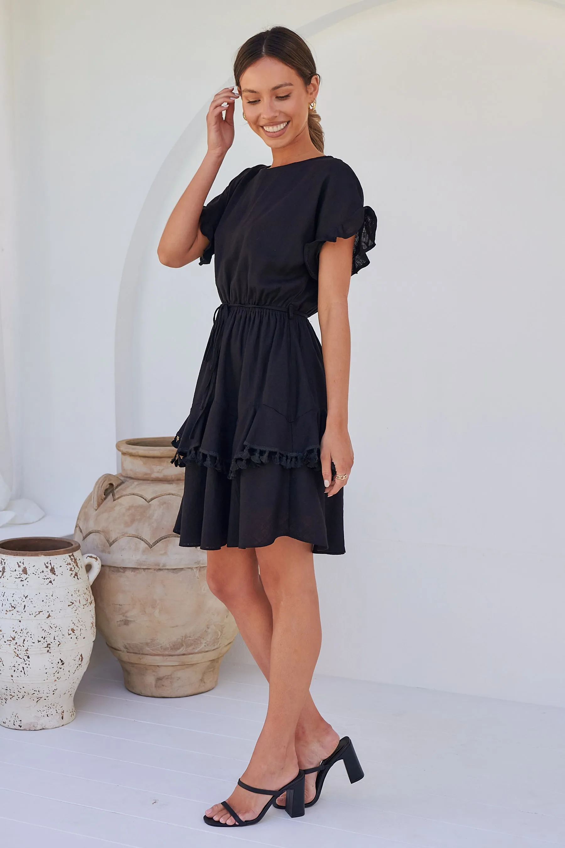 Brooklyn Frill Sleeve Black Linen Dress