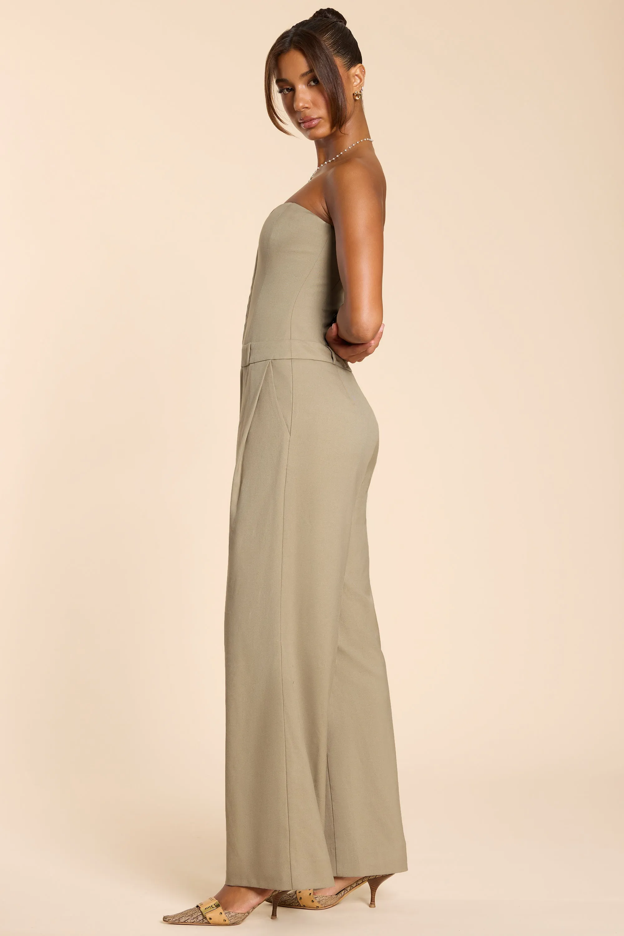 Brushed Twill Bandeau Corset Jumpsuit in Taupe