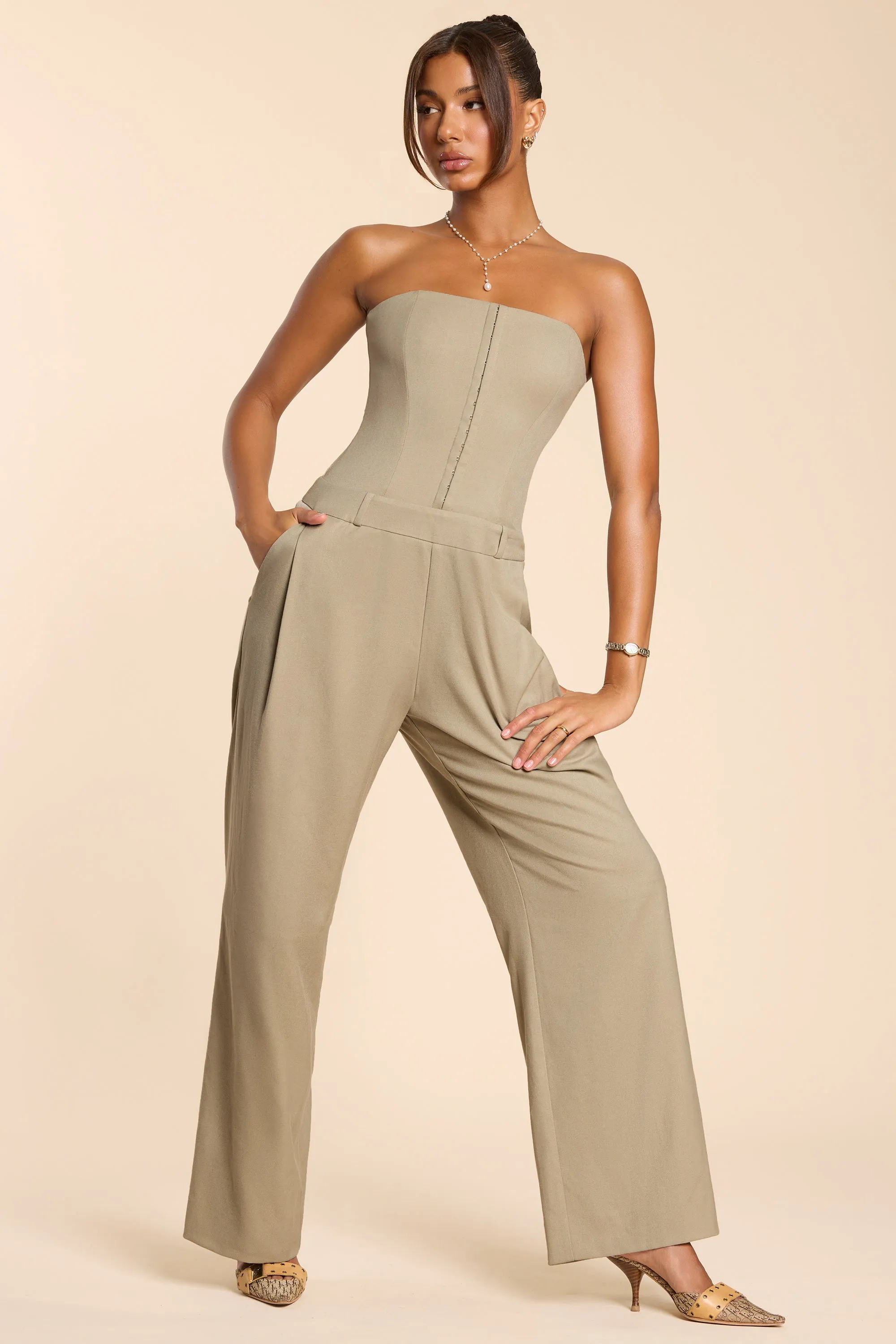 Brushed Twill Bandeau Corset Jumpsuit in Taupe