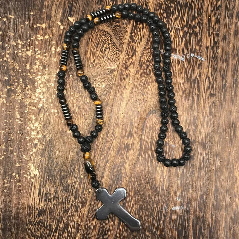 Budded Cross Stone Bead Biker Rosary Necklace