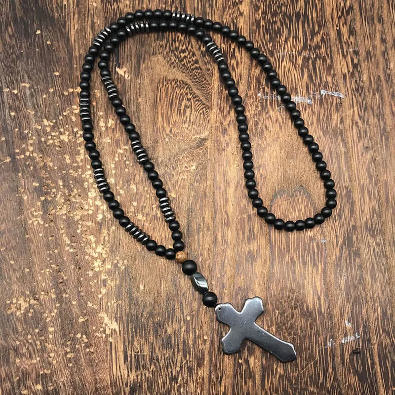 Budded Cross Stone Bead Biker Rosary Necklace