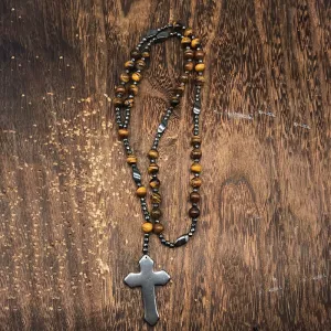 Budded Cross Stone Bead Biker Rosary Necklace