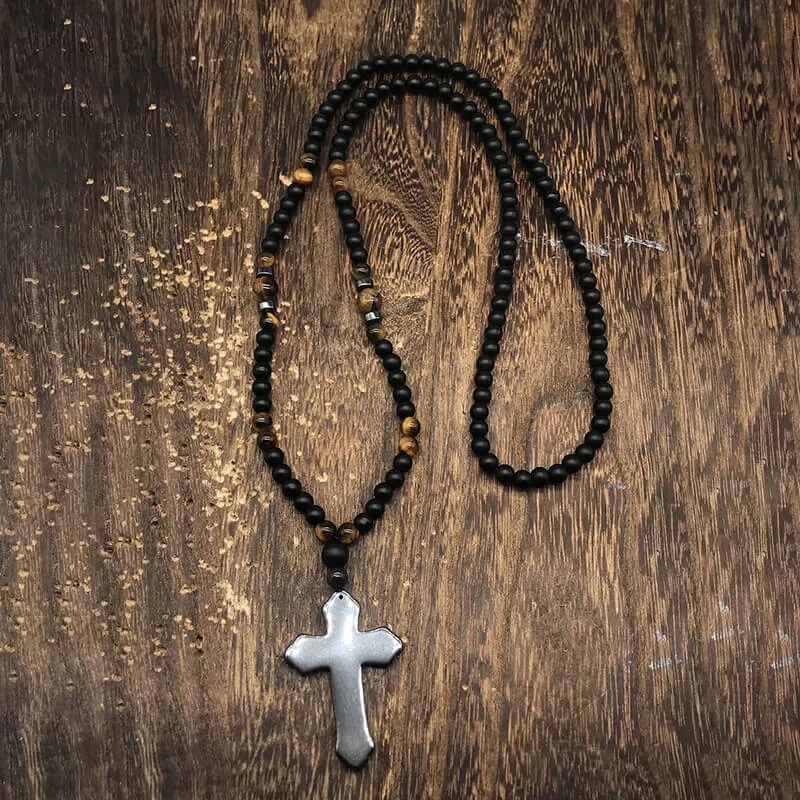 Budded Cross Stone Bead Biker Rosary Necklace