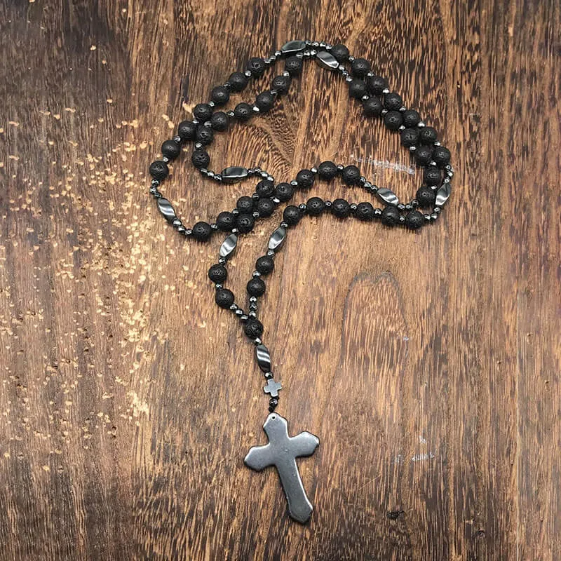 Budded Cross Stone Bead Biker Rosary Necklace