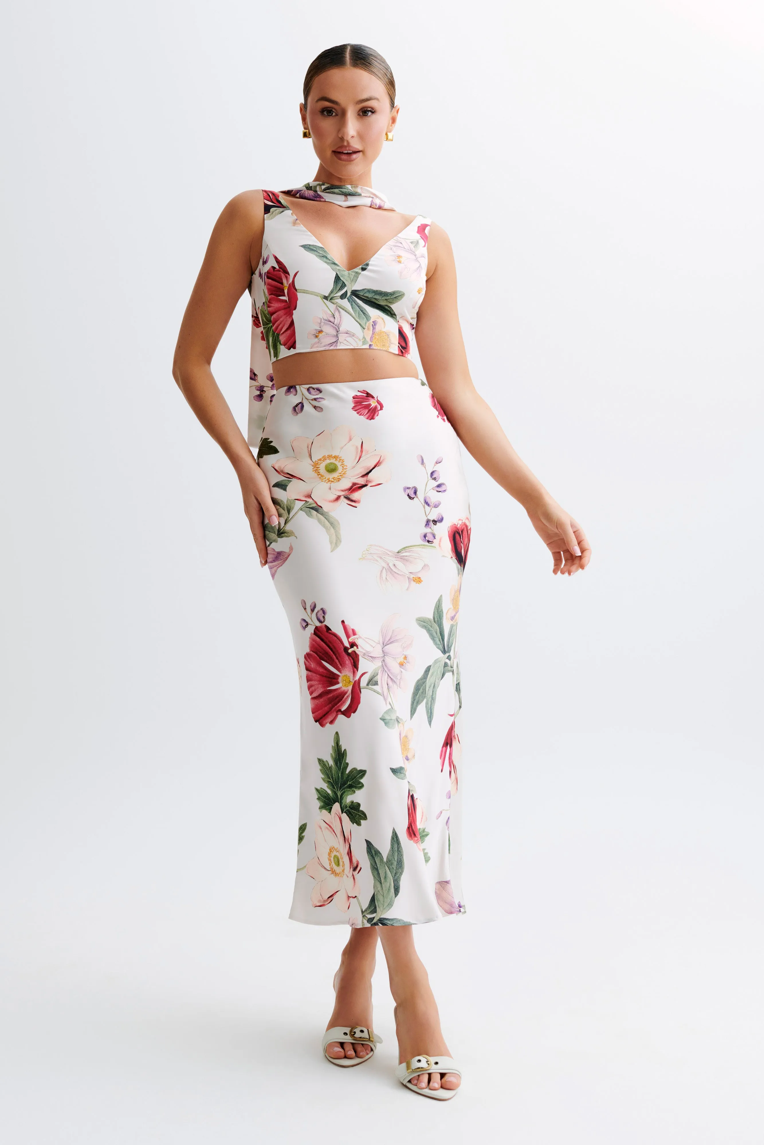 Carla Satin Sleeveless Top With Scarf - Bella Rosa Print