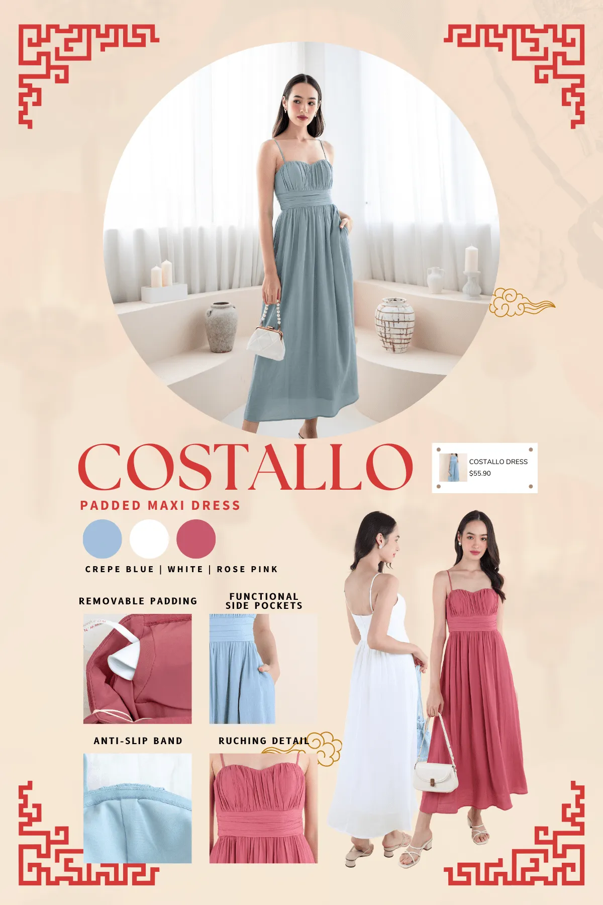 COSTALLO PADDED MAXI DRESS IN CREPE BLUE