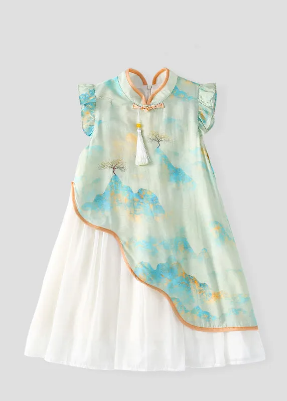 Cute Green Stand Collar Chiffon Patchwork Kids Chiffon Maxi Dress Short Sleeve MN001