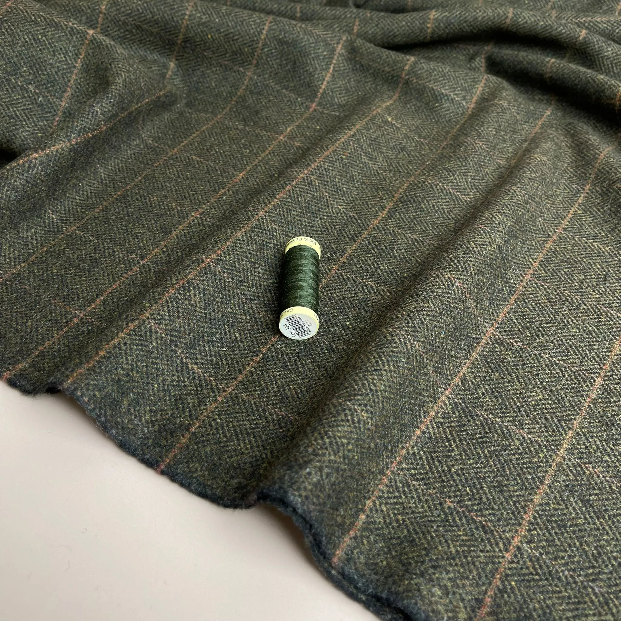 Deadstock Herringbone Check on Forest Green Soft Wool Tweed Coating