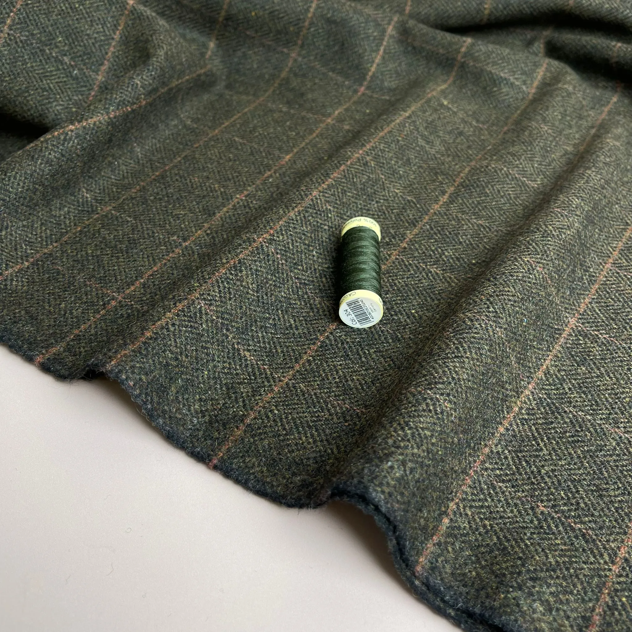 Deadstock Herringbone Check on Forest Green Soft Wool Tweed Coating