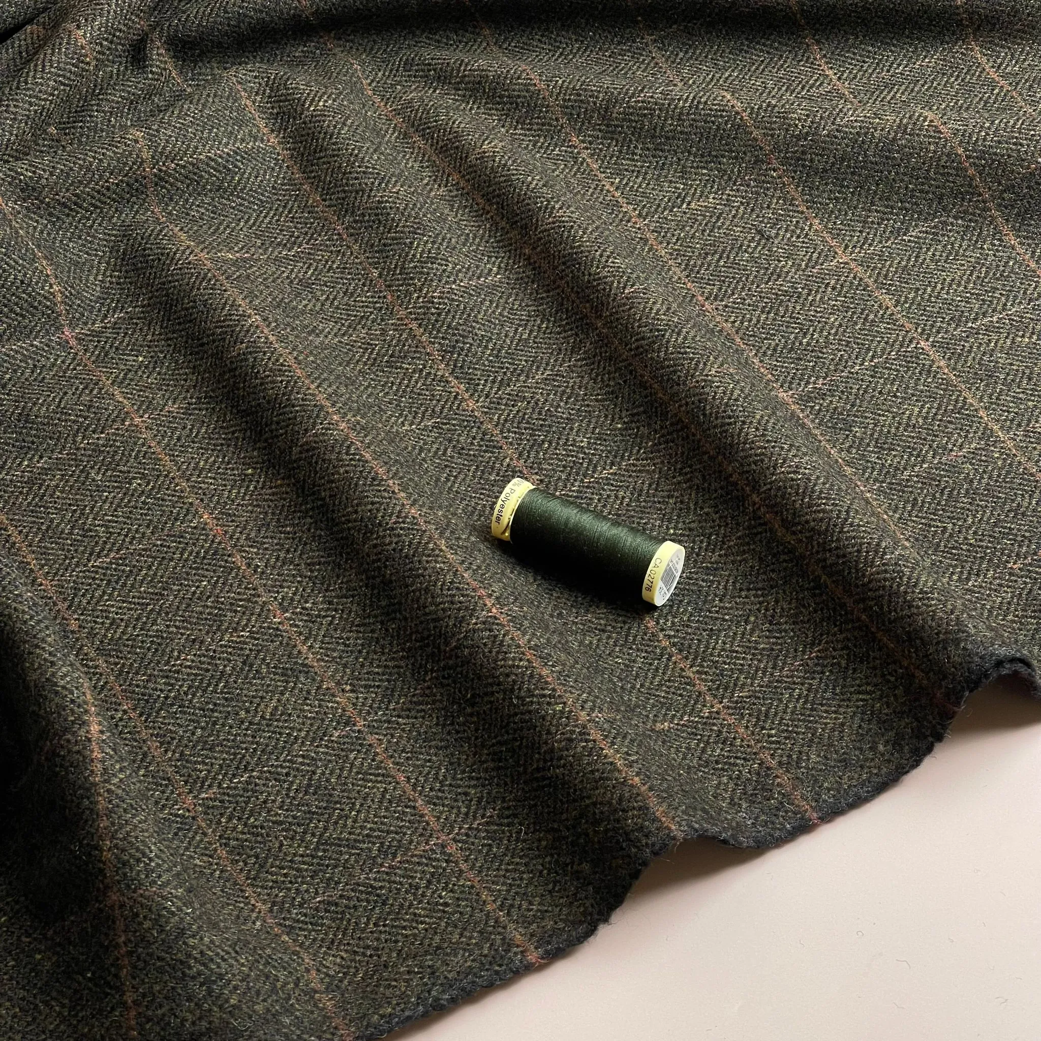 Deadstock Herringbone Check on Forest Green Soft Wool Tweed Coating