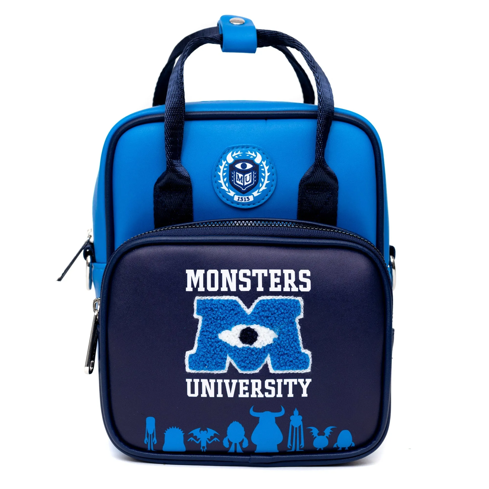 Disney Bag, Cross Body, Monsters University Chenille Patch with Monsters Print Blues, Vegan Leather