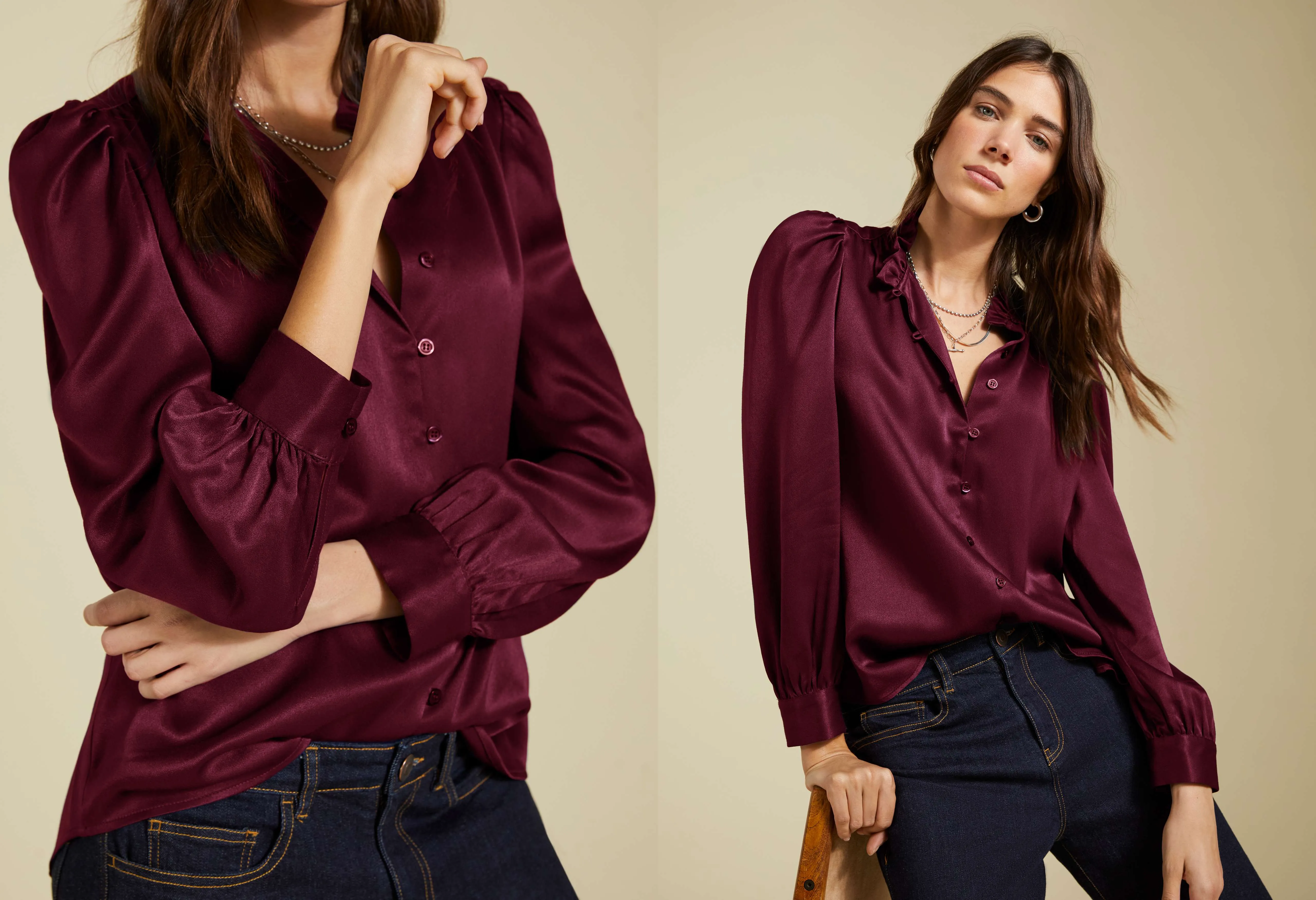 Evelyn Satin Frill Neck Blouse