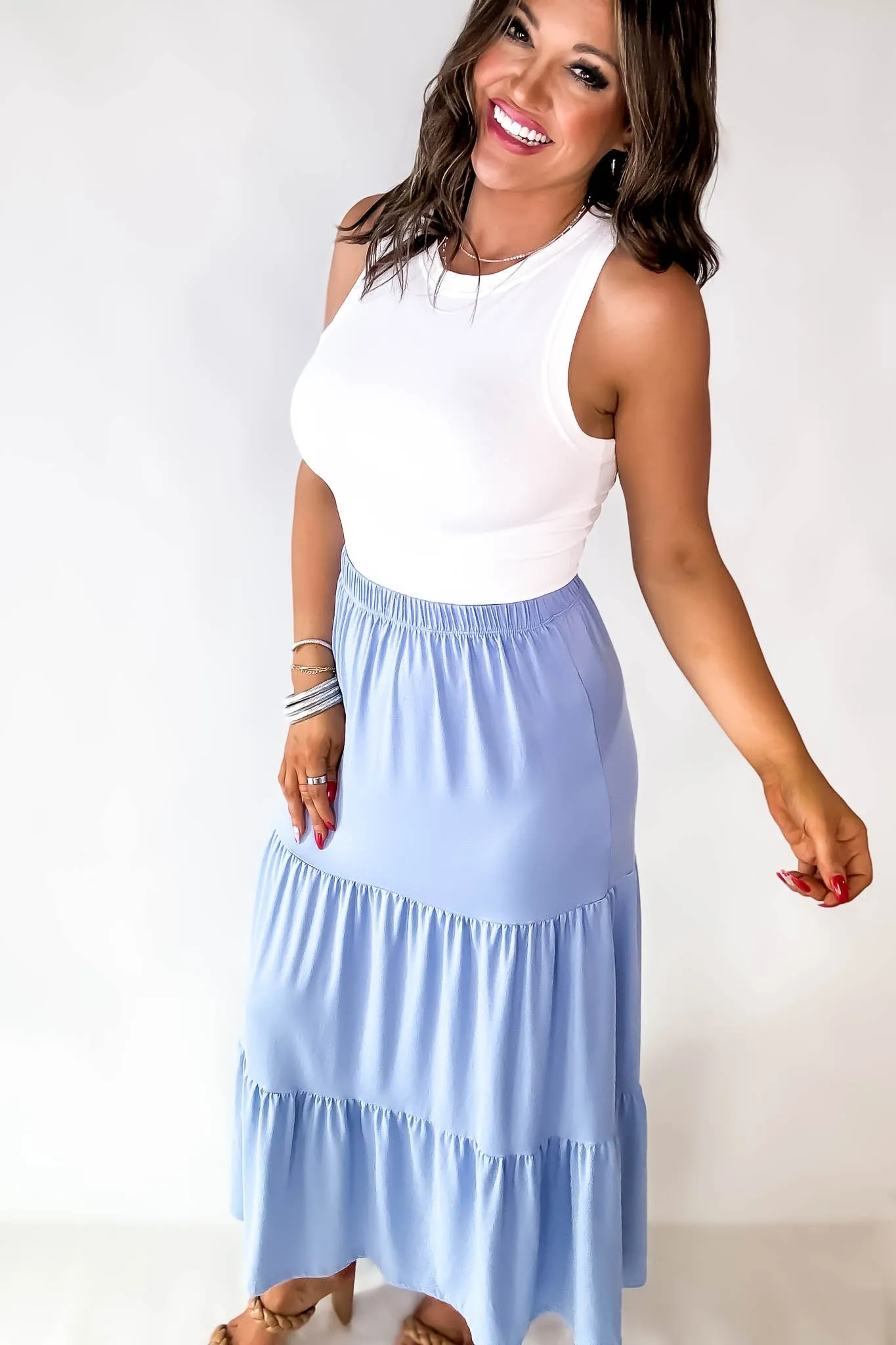 Floating Dreams Hazey Blue Tiered Midi Maxi Skirt