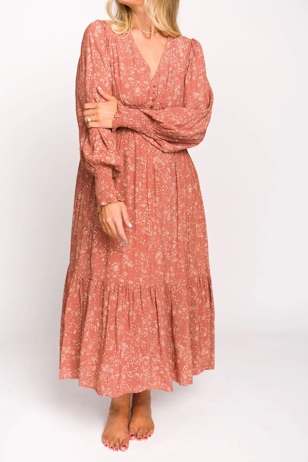 Florence Floral Button Down Long Sleeve Maxi Dress in Rosewood