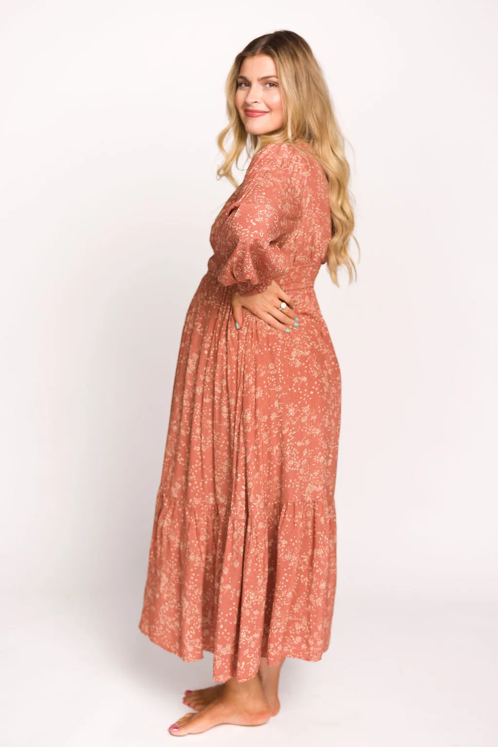 Florence Floral Button Down Long Sleeve Maxi Dress in Rosewood