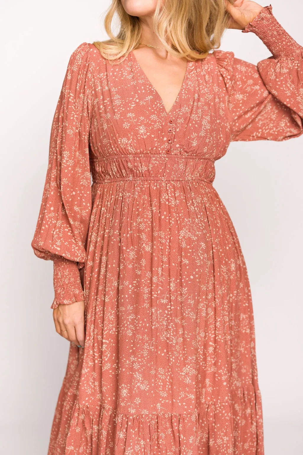 Florence Floral Button Down Long Sleeve Maxi Dress in Rosewood