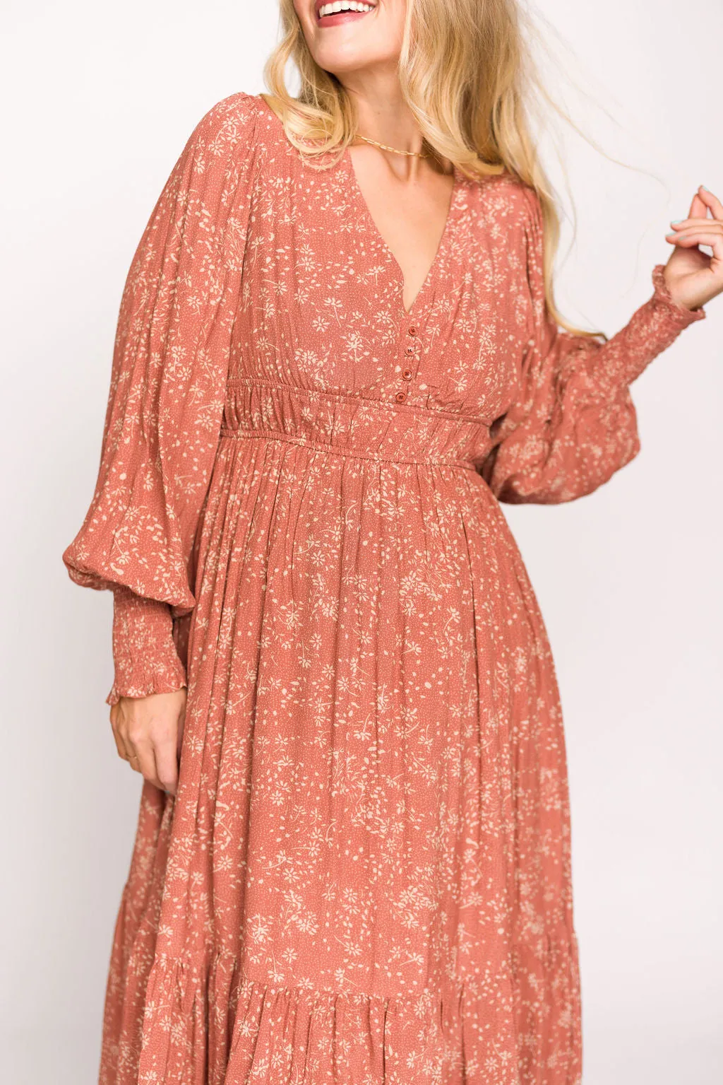 Florence Floral Button Down Long Sleeve Maxi Dress in Rosewood